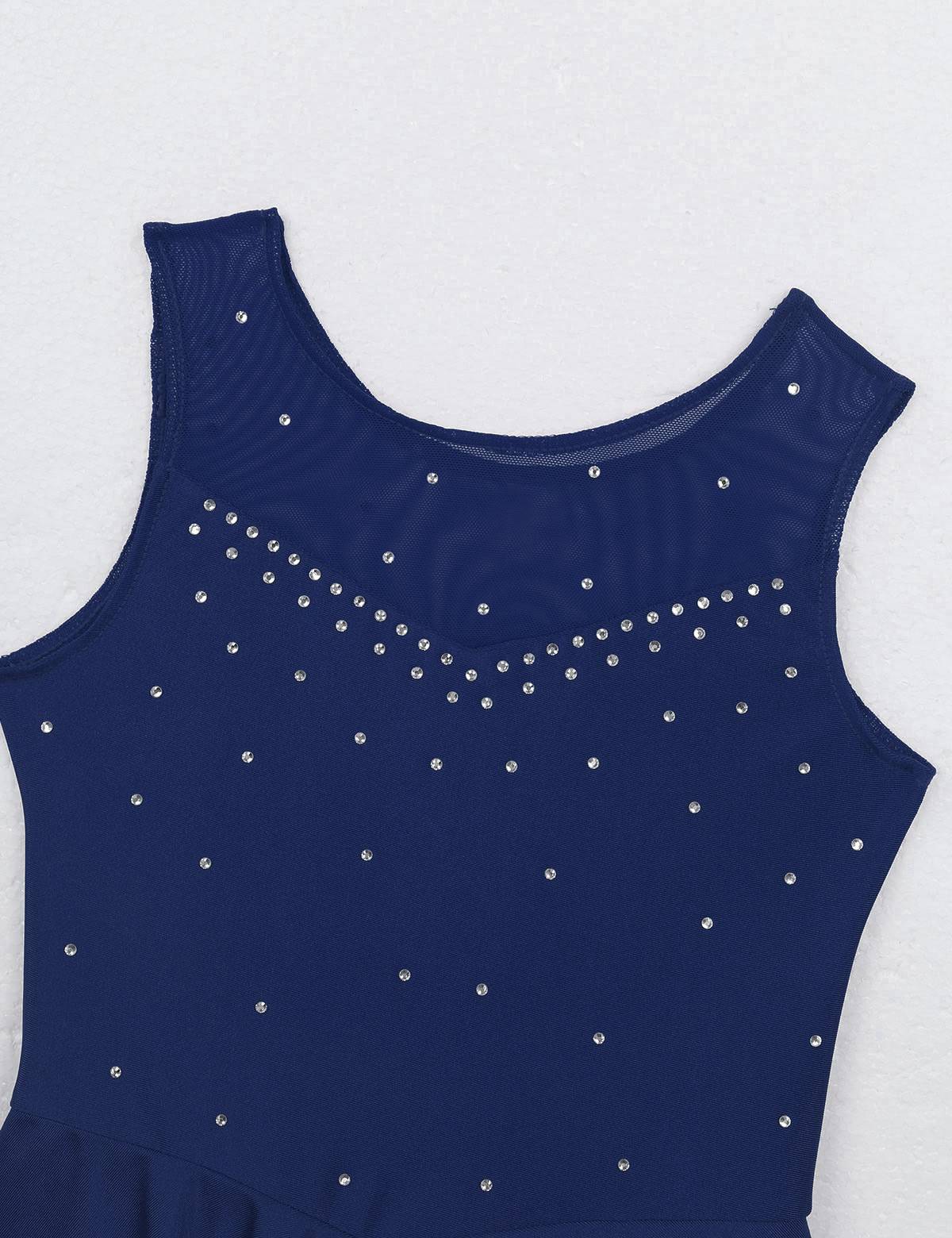 Kids Girls Sleeveless Sparkly Rhinestone Tulle Skating Leotard Dress