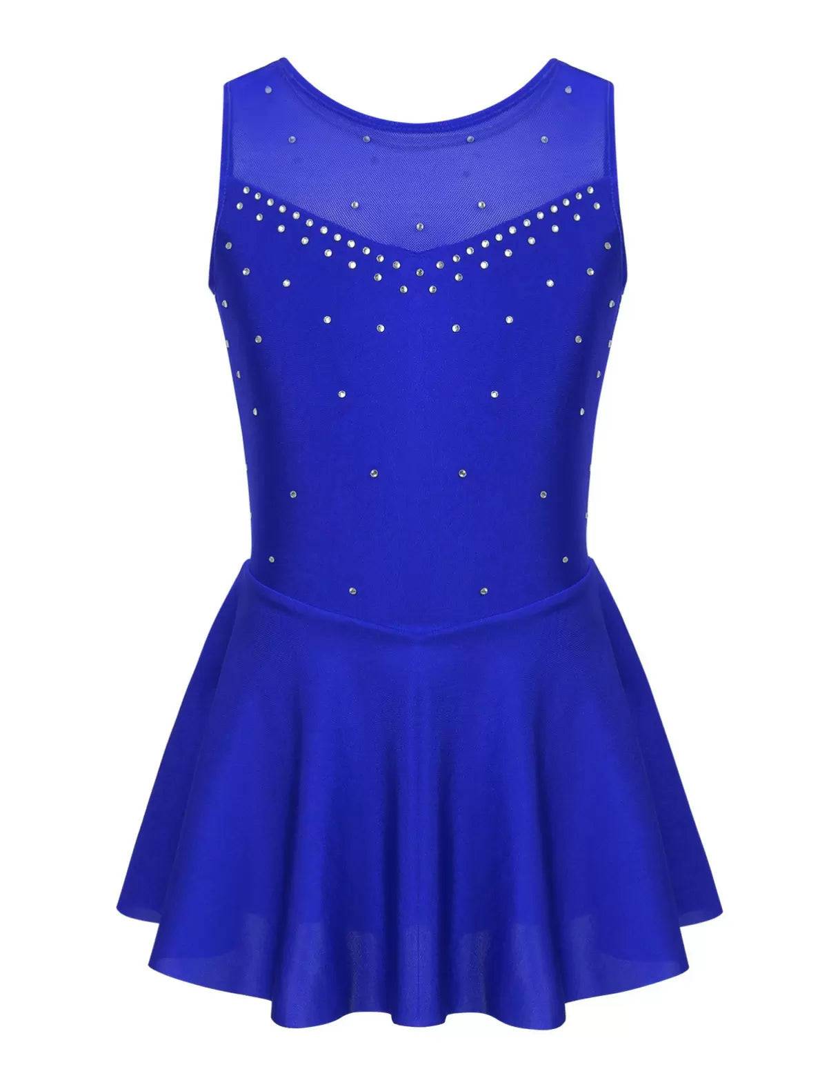 Kids Girls Sleeveless Sparkly Rhinestone Tulle Skating Leotard Dress