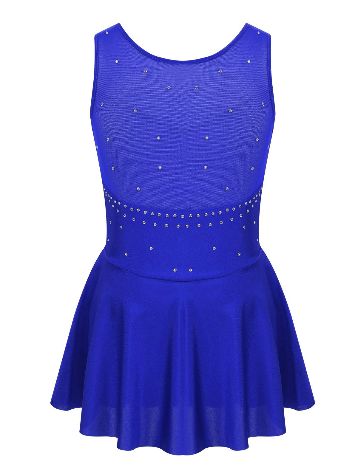 Kids Girls Sleeveless Sparkly Rhinestone Tulle Skating Leotard Dress