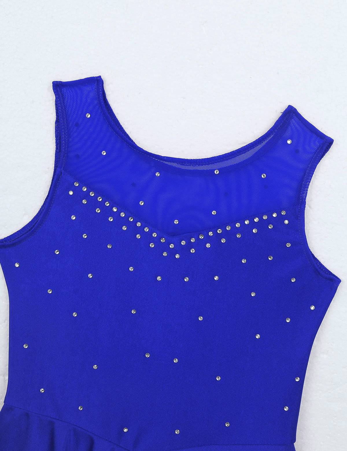 Kids Girls Sleeveless Sparkly Rhinestone Tulle Skating Leotard Dress