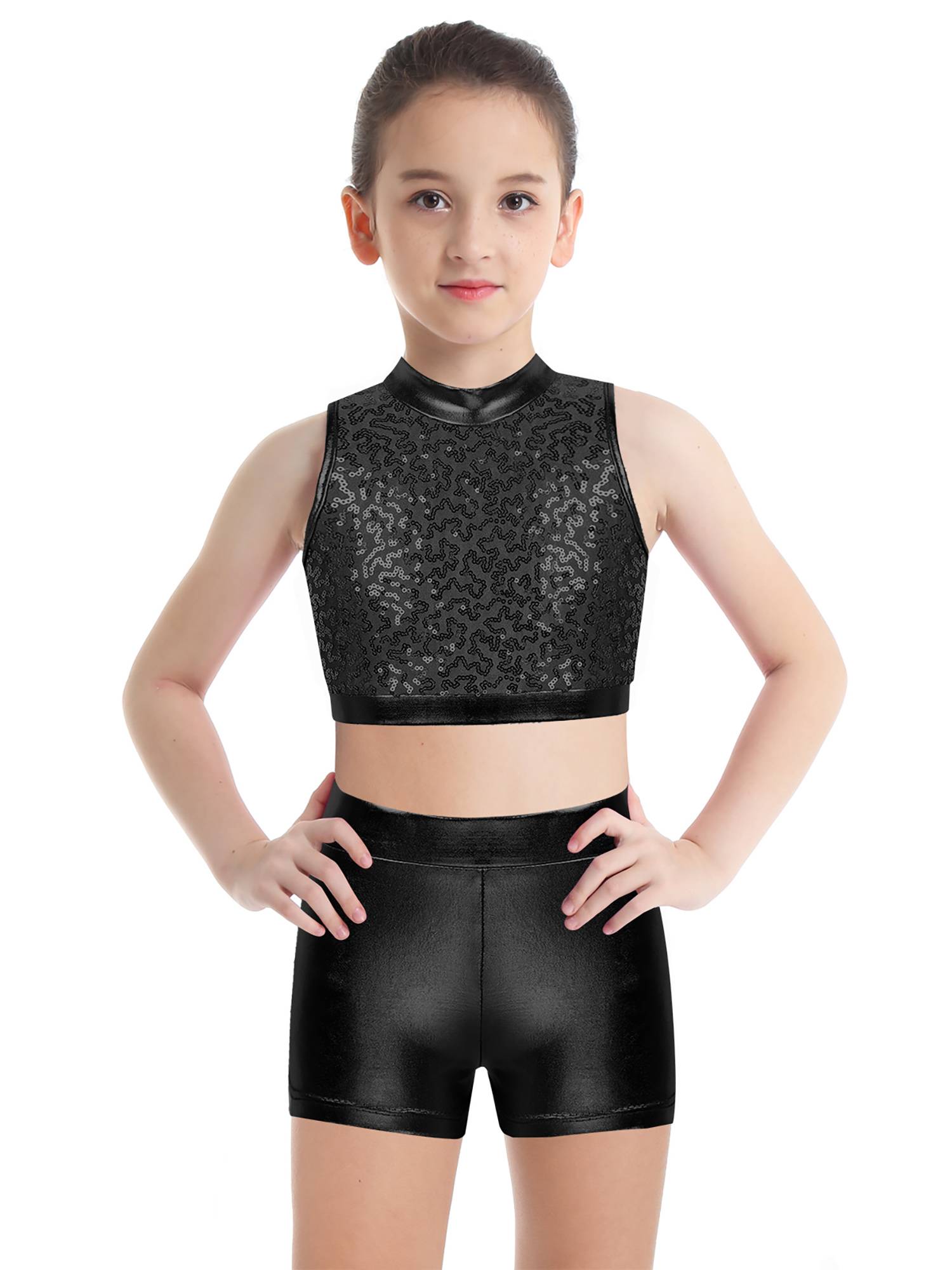 Kids Girls 2pcs Sequins Sleeveless Crop Top and Shorts Set for Jazz Dance