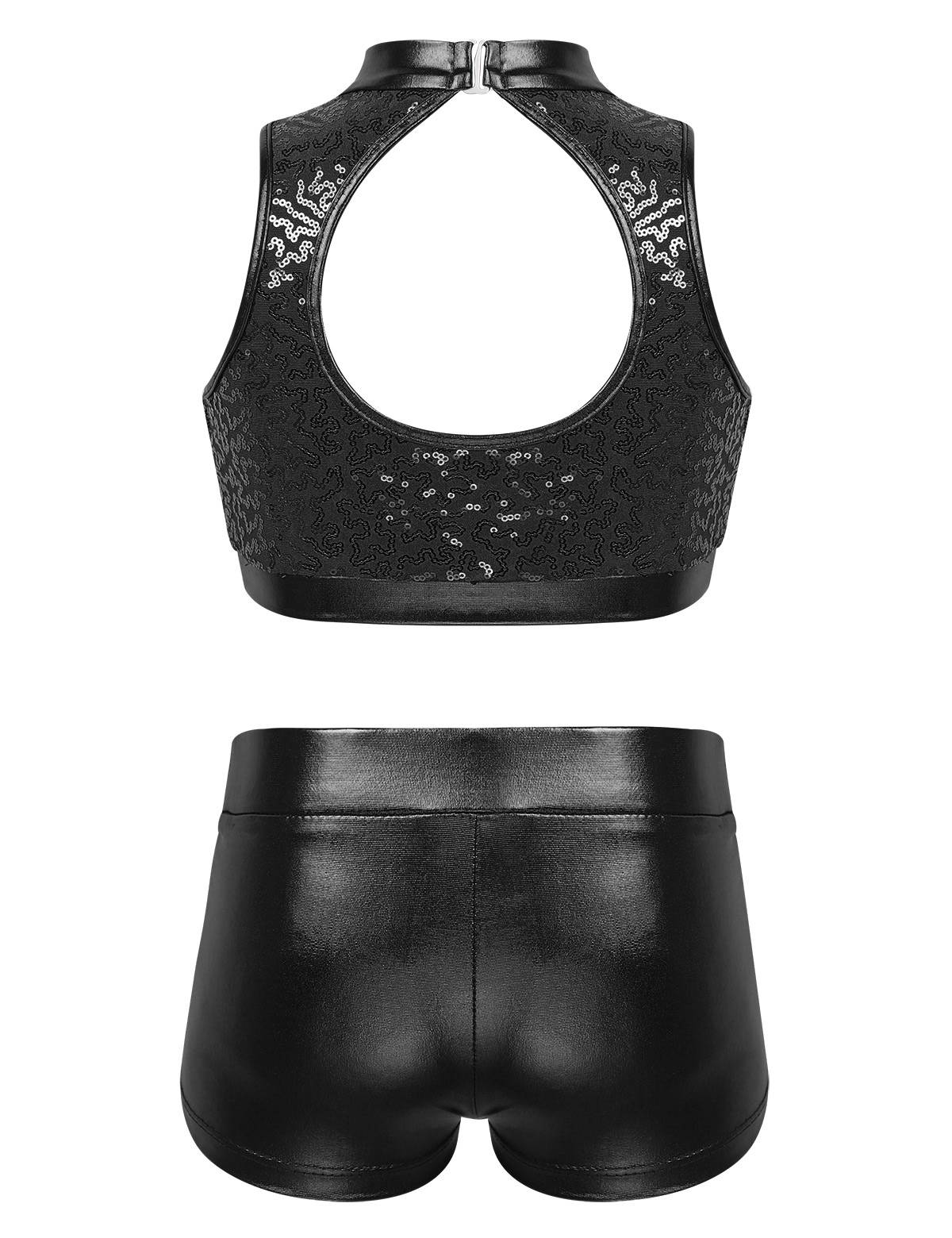 Kids Girls 2pcs Sequins Sleeveless Crop Top and Shorts Set for Jazz Dance