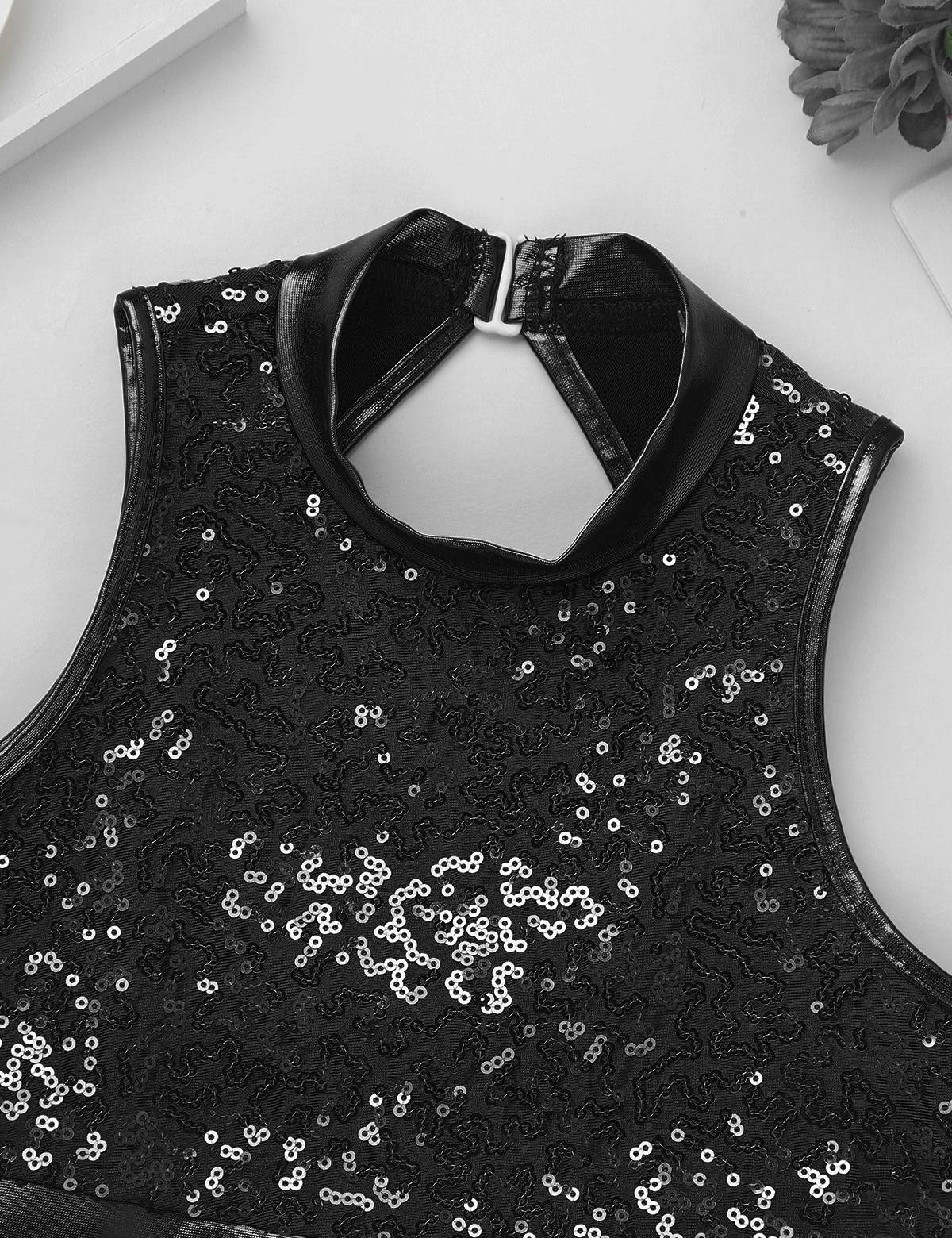 Kids Girls 2pcs Sequins Sleeveless Crop Top and Shorts Set for Jazz Dance
