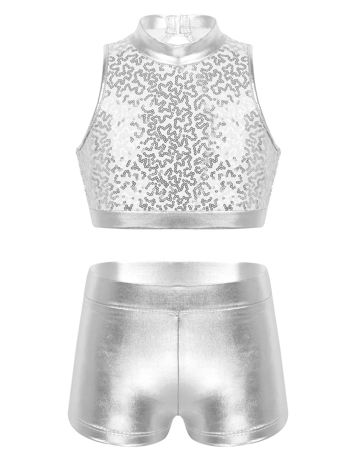 Kids Girls 2pcs Sequins Sleeveless Crop Top and Shorts Set for Jazz Dance