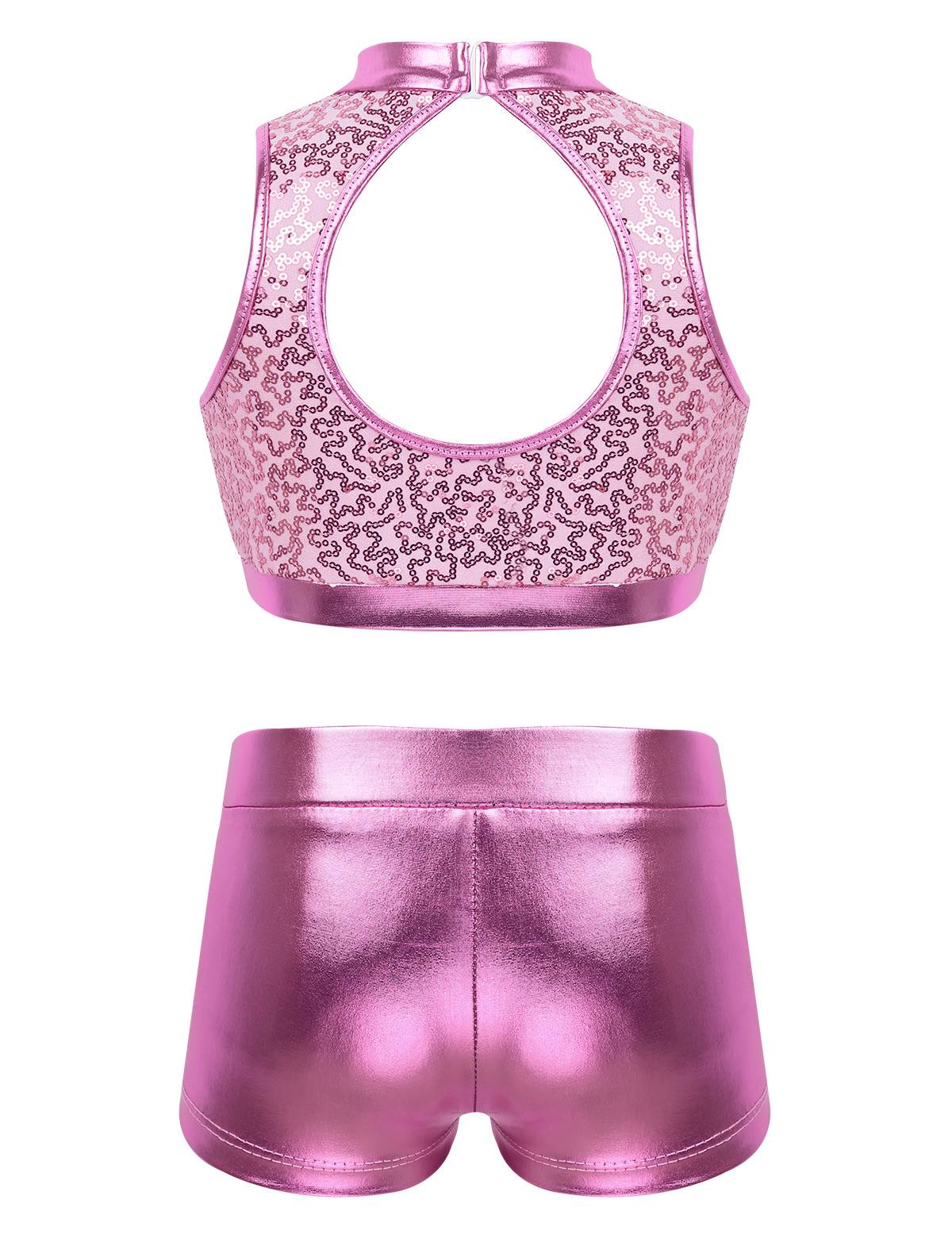 Kids Girls 2pcs Sequins Sleeveless Crop Top and Shorts Set for Jazz Dance