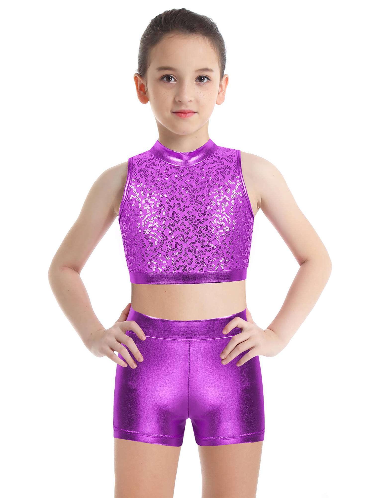 Kids Girls 2pcs Sequins Sleeveless Crop Top and Shorts Set for Jazz Dance