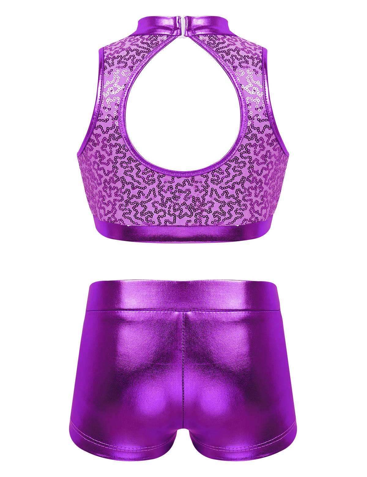 Kids Girls 2pcs Sequins Sleeveless Crop Top and Shorts Set for Jazz Dance