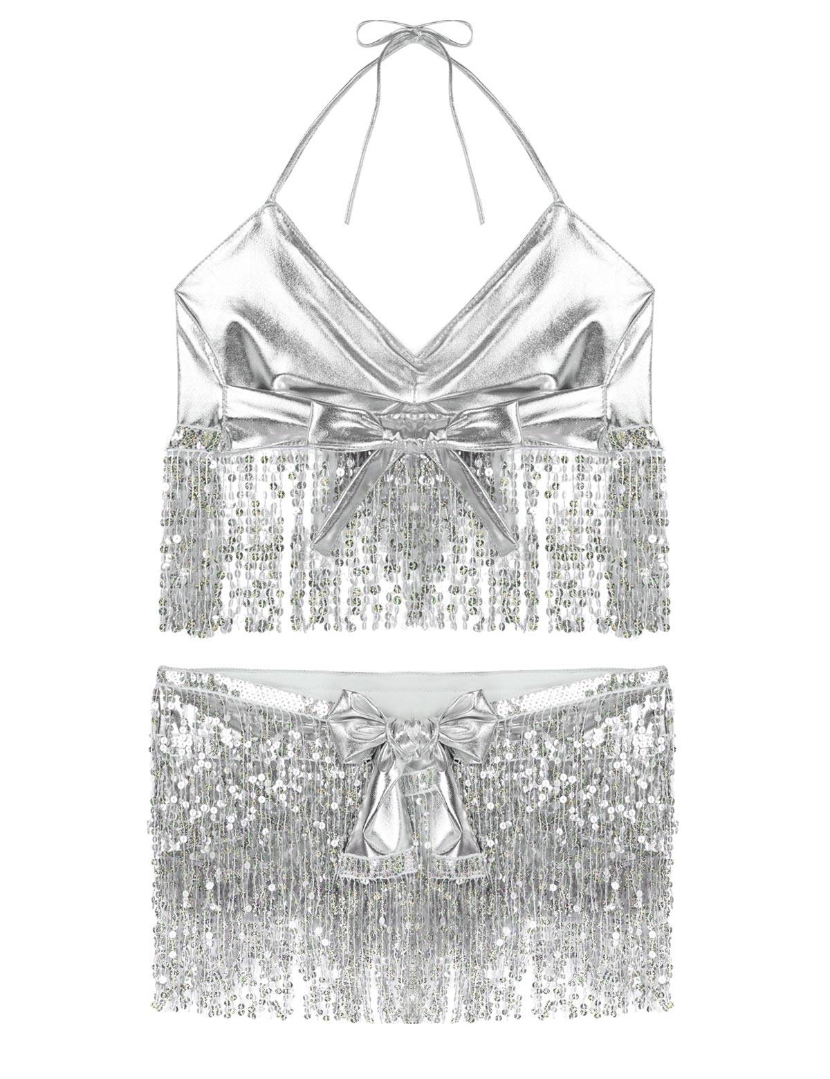 Women 2Pcs Sequin Tassels Halter Neck Bra and Hip Wrap Skirts Belly Dance Set