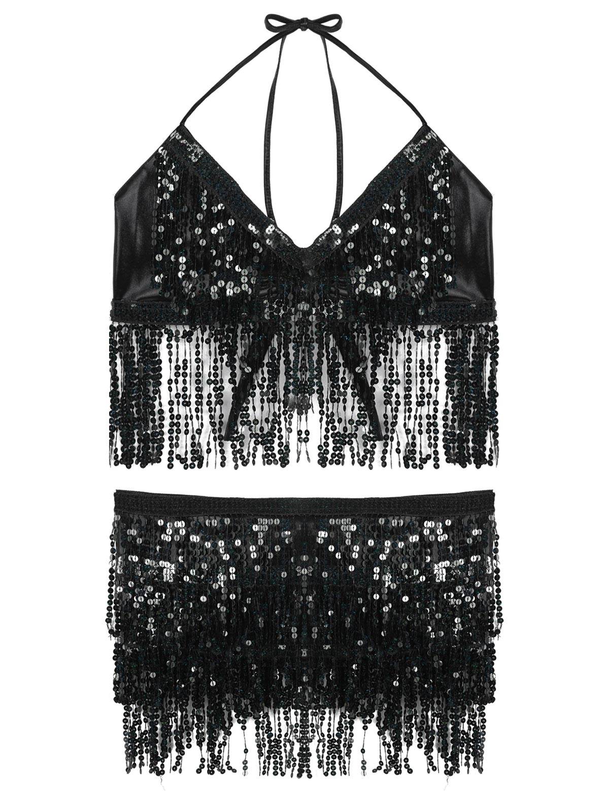 Women 2Pcs Sequin Tassels Halter Neck Bra and Hip Wrap Skirts Belly Dance Set