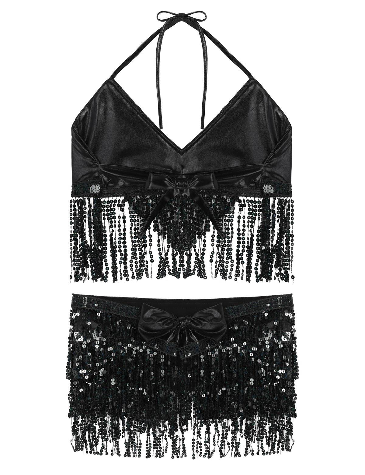 Women 2Pcs Sequin Tassels Halter Neck Bra and Hip Wrap Skirts Belly Dance Set