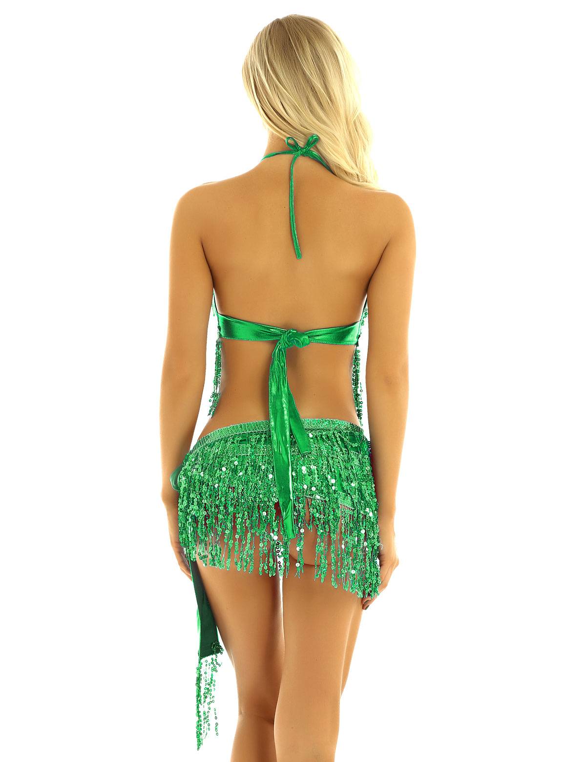 Women 2Pcs Sequin Tassels Halter Neck Bra and Hip Wrap Skirts Belly Dance Set