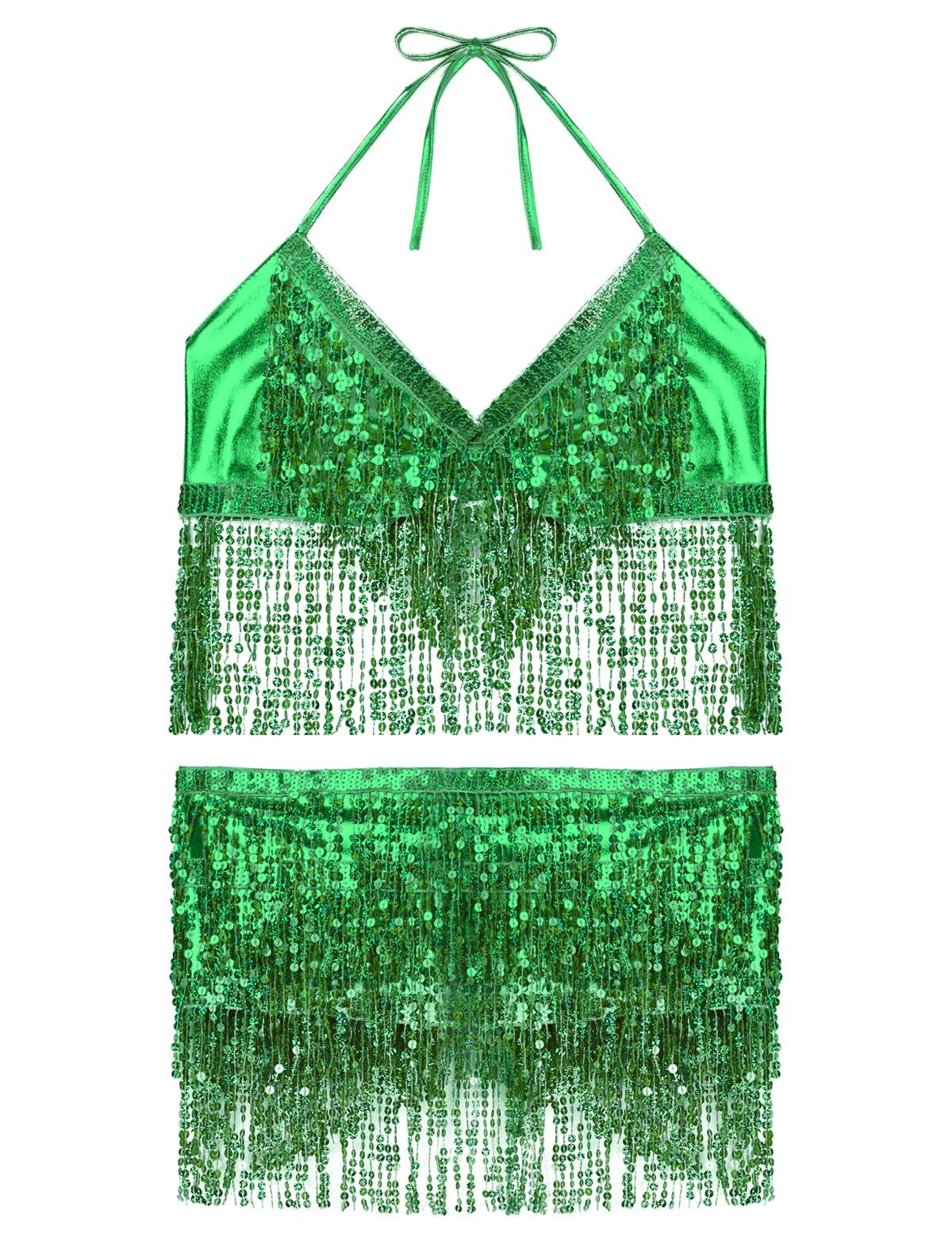 Women 2Pcs Sequin Tassels Halter Neck Bra and Hip Wrap Skirts Belly Dance Set