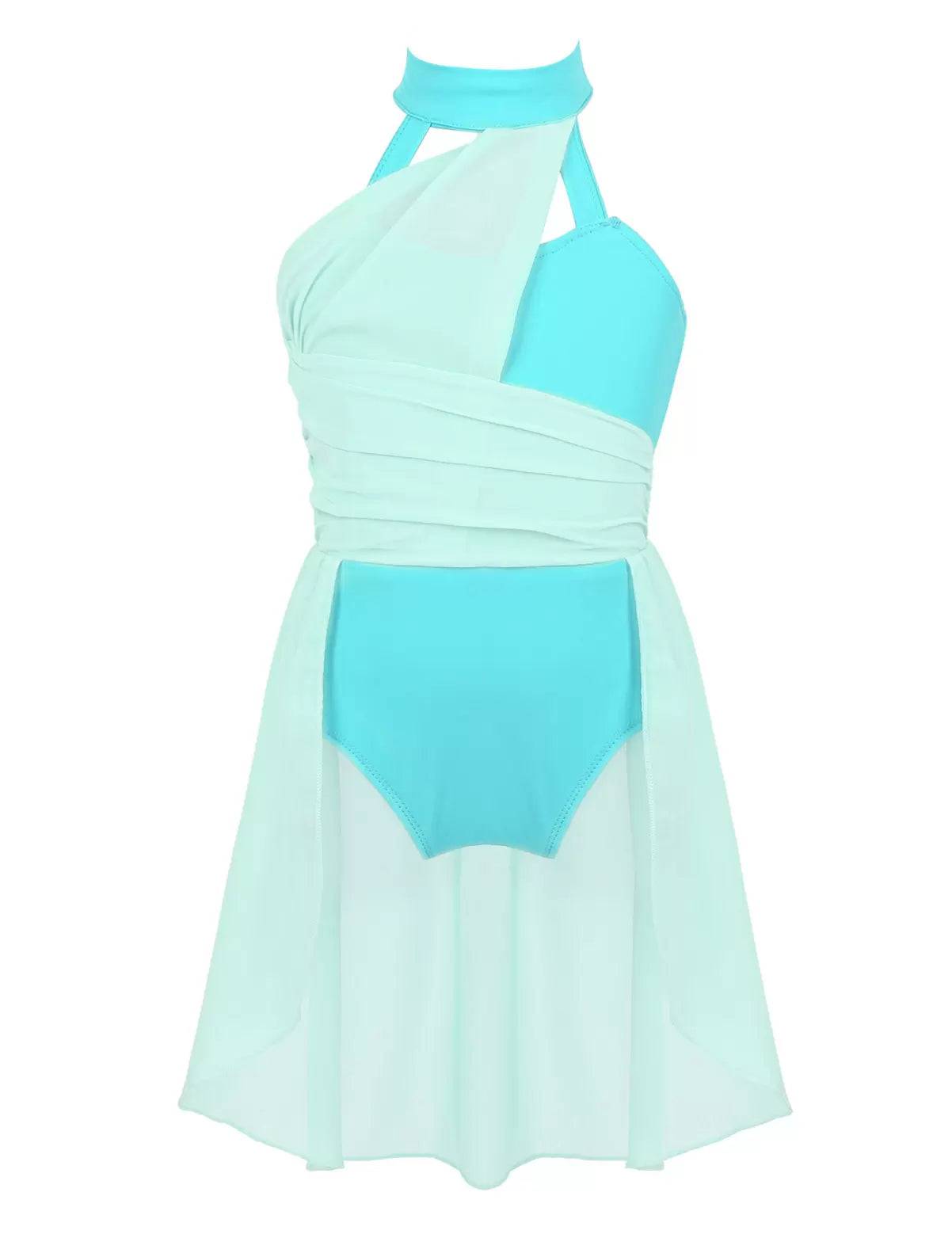 Kids Girls Sleeveless Ruched Chiffon Lyrical Dance Leotard Dress