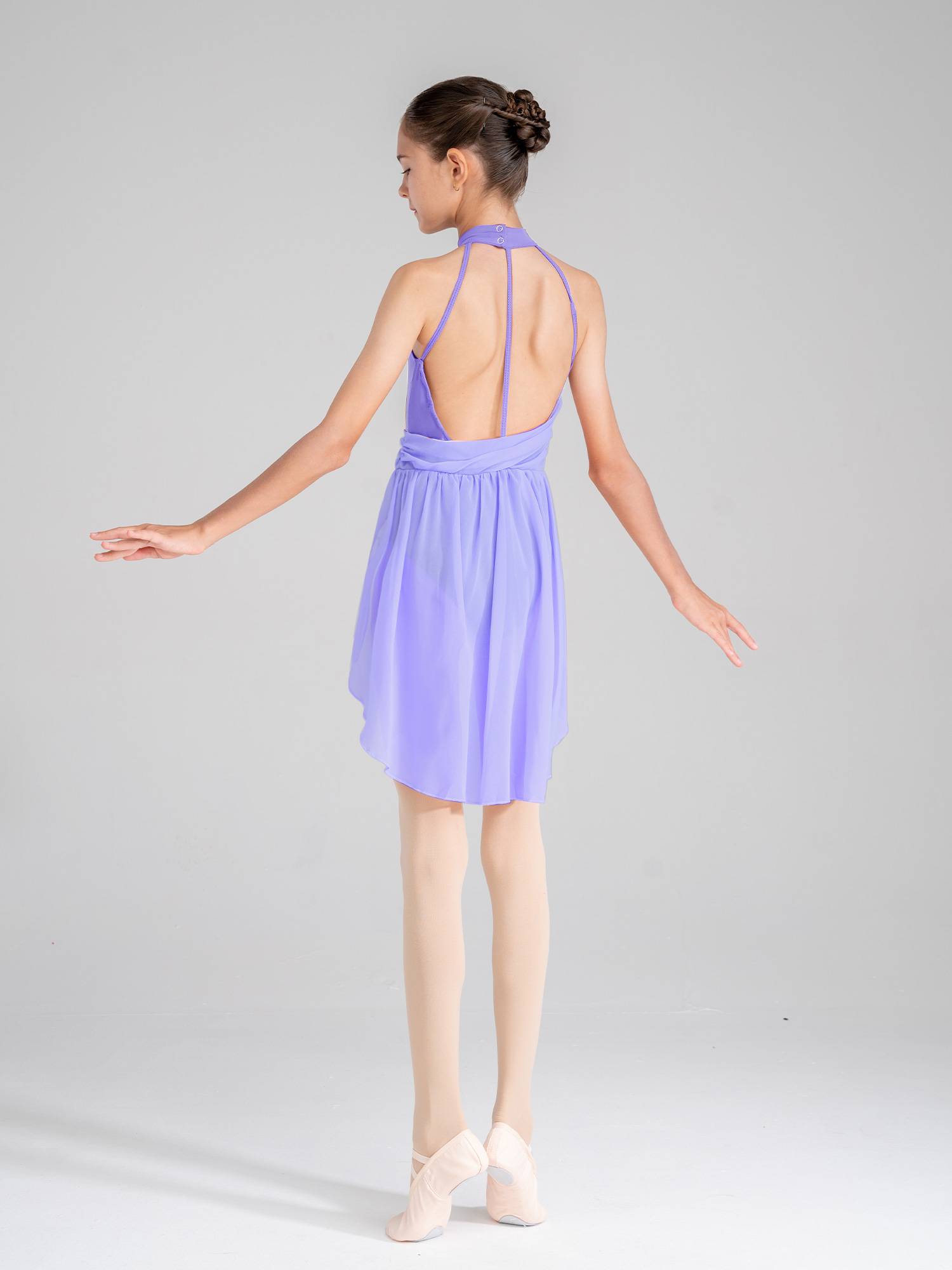 Kids Girls Sleeveless Ruched Chiffon Lyrical Dance Leotard Dress