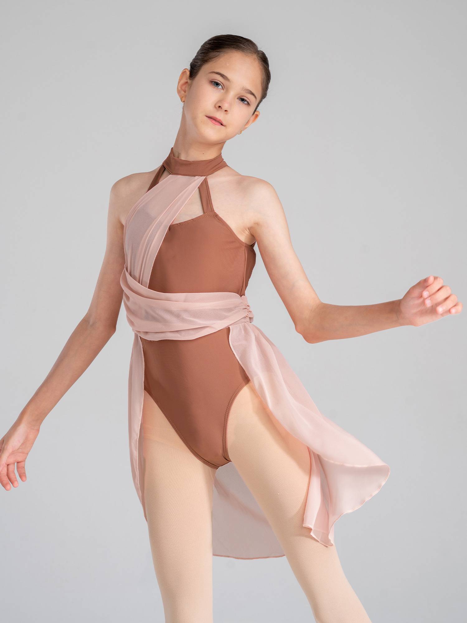 Kids Girls Sleeveless Ruched Chiffon Lyrical Dance Leotard Dress