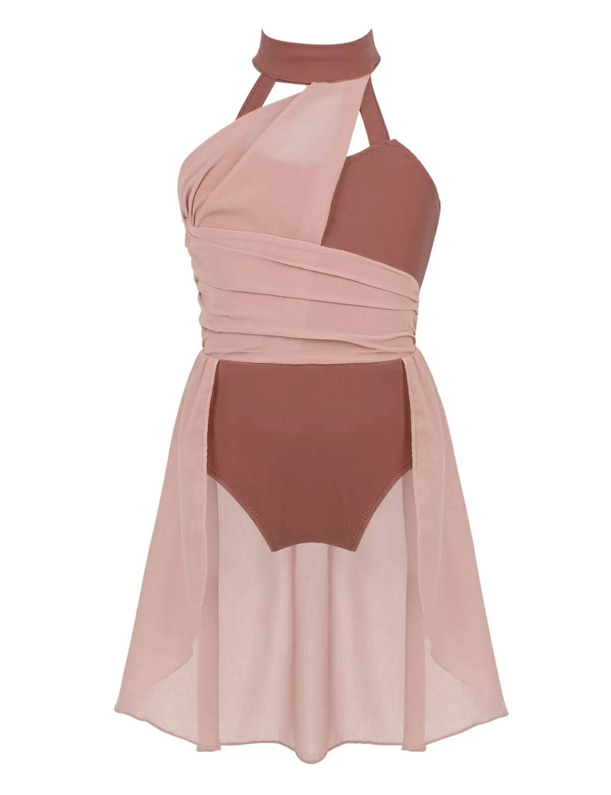 Kids Girls Sleeveless Ruched Chiffon Lyrical Dance Leotard Dress