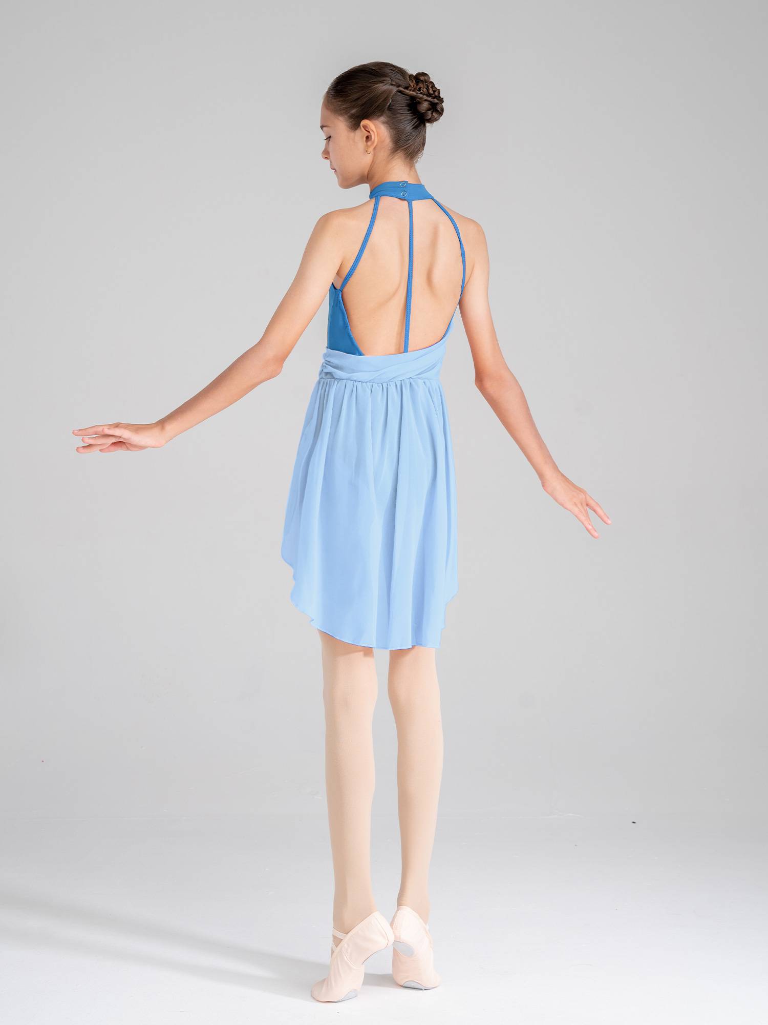 Kids Girls Sleeveless Ruched Chiffon Lyrical Dance Leotard Dress