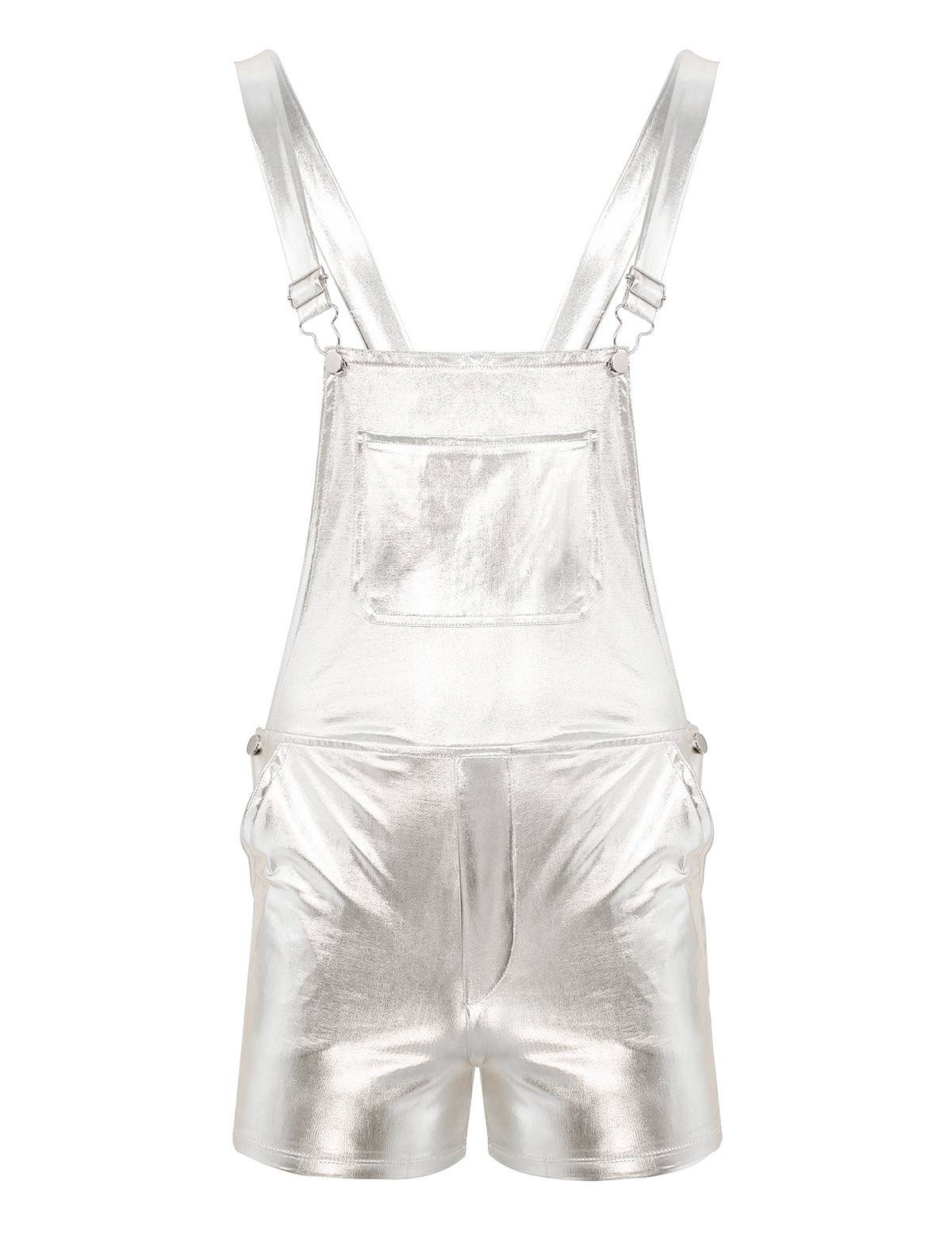 Men Shiny Metallic Adjustable Wide Shoulder Straps Overall
