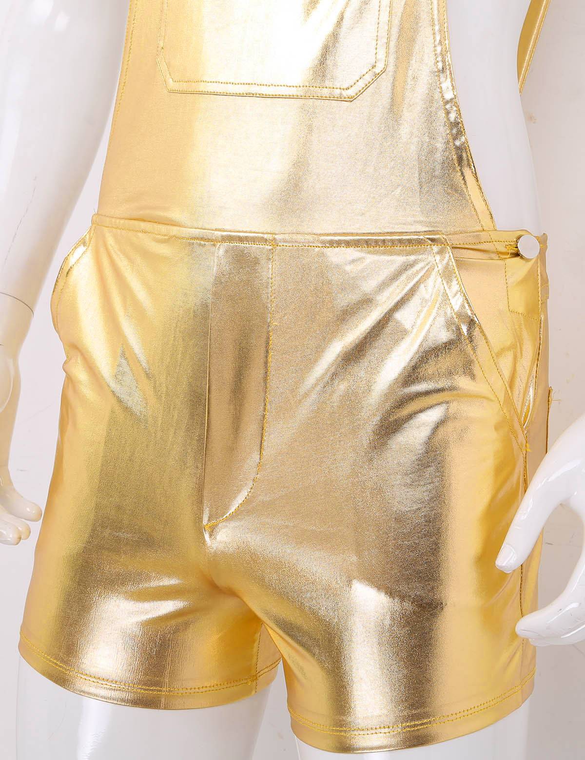 Men Shiny Metallic Adjustable Wide Shoulder Straps Overall