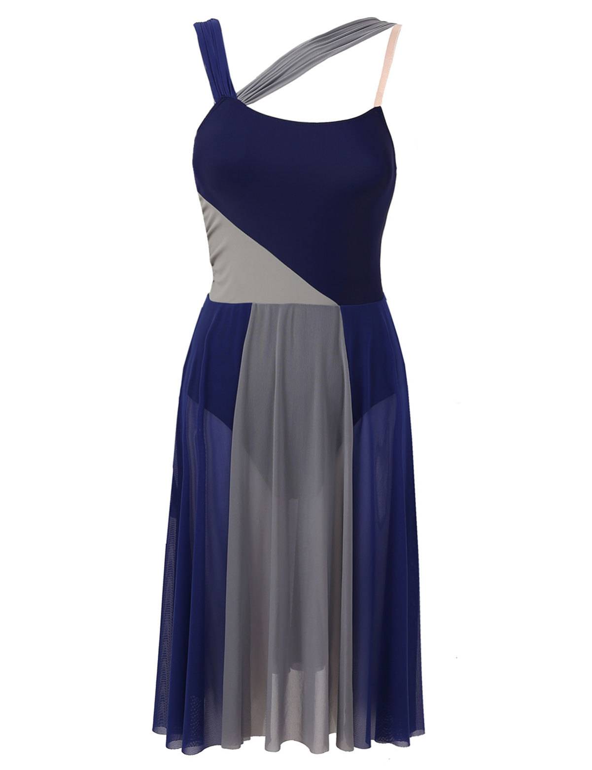 Women Sleeveless Color Block Mesh Lyrical Dance Leotard Dress