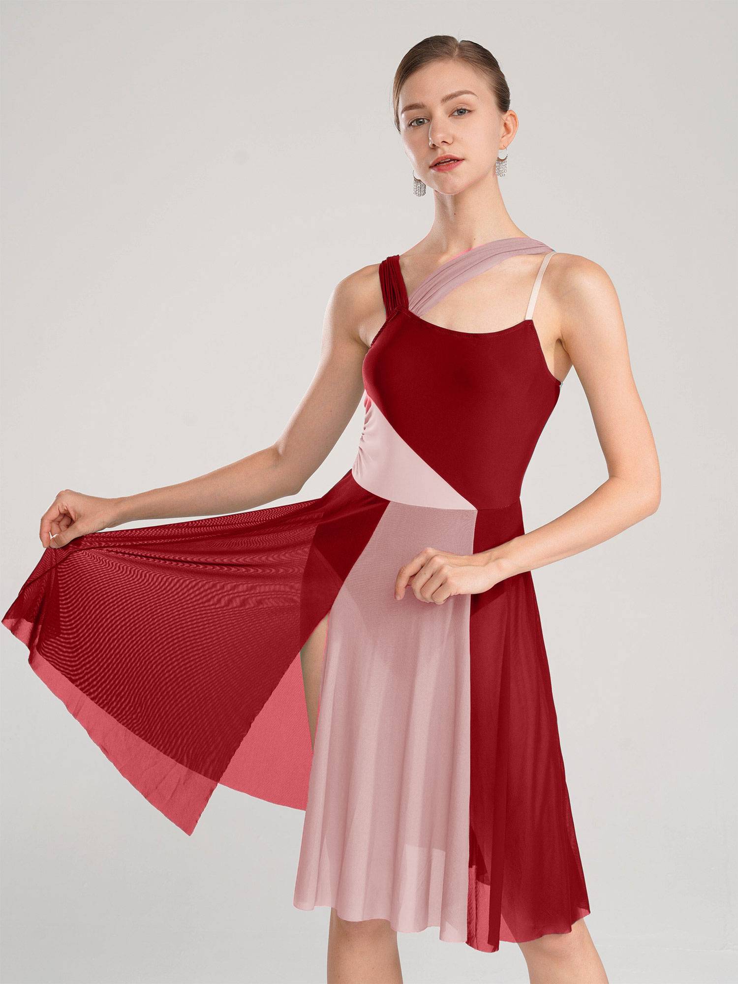 Women Sleeveless Color Block Mesh Lyrical Dance Leotard Dress