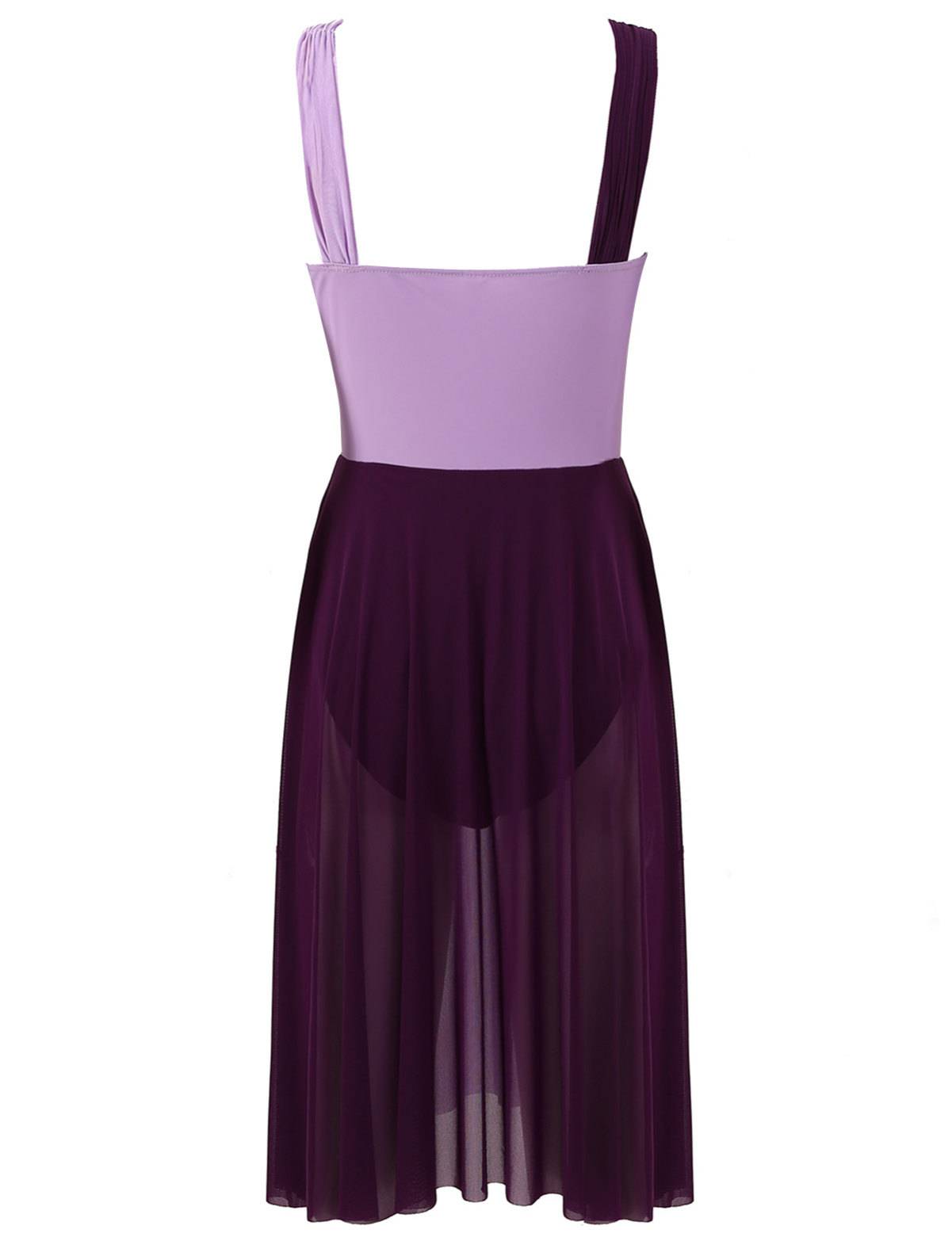 Women Sleeveless Color Block Mesh Lyrical Dance Leotard Dress