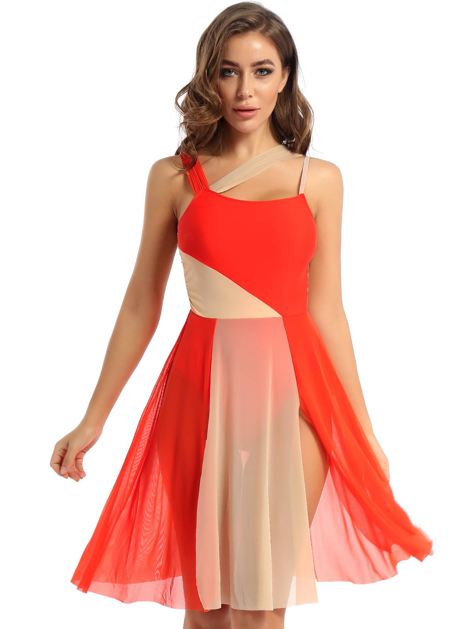 Women Sleeveless Color Block Mesh Lyrical Dance Leotard Dress