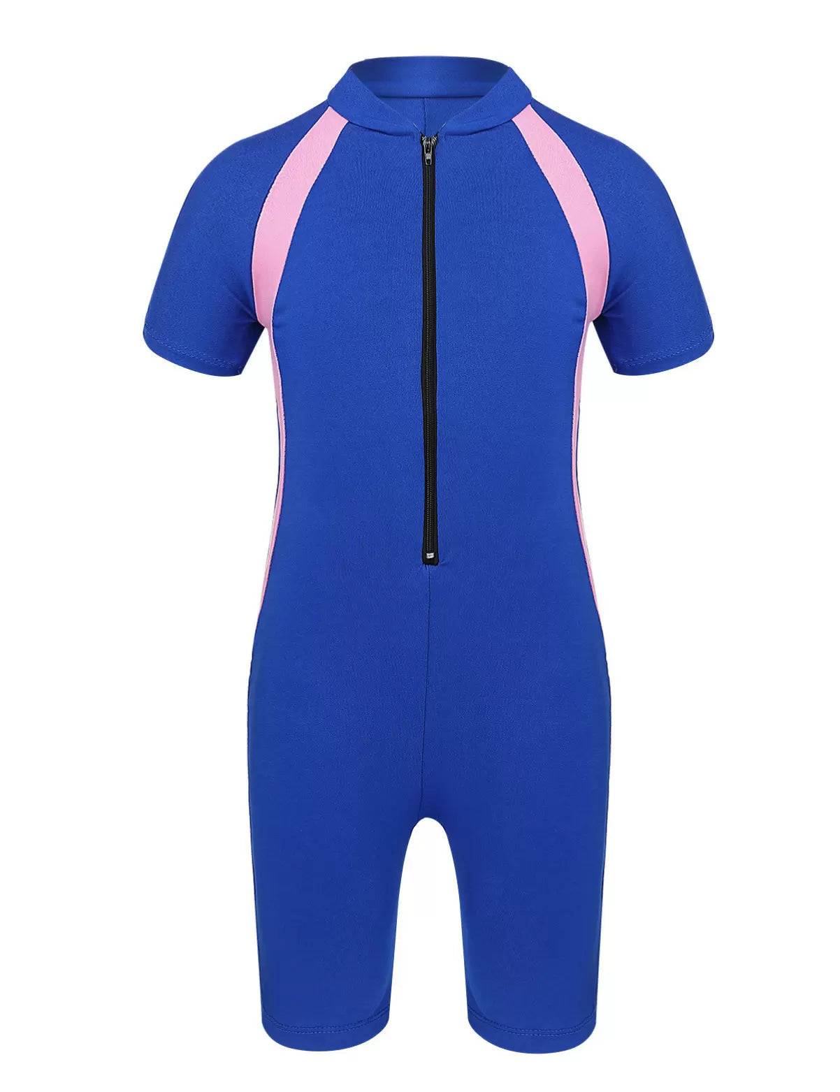 Kids Girls One-piece Rash Guard Short Sleeves Zippered Swimsuit