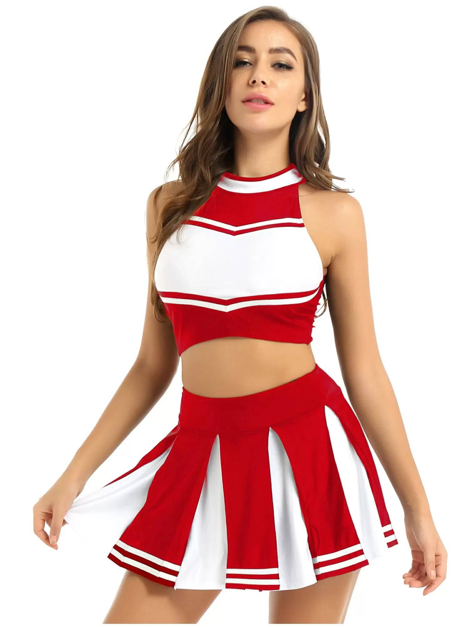 Women 2Pcs Cheerleading Costume Crop Top with Mini Pleated Skirt Set