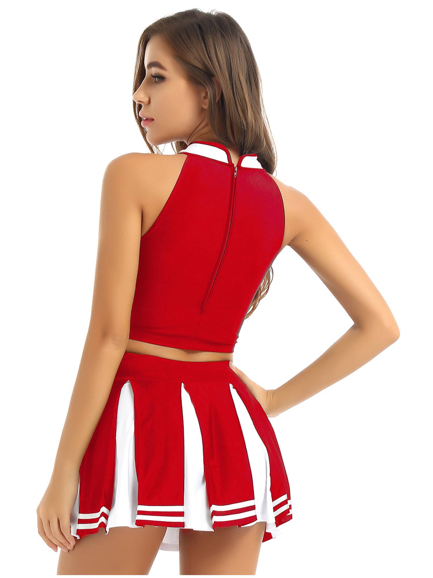 Women 2Pcs Cheerleading Costume Crop Top with Mini Pleated Skirt Set
