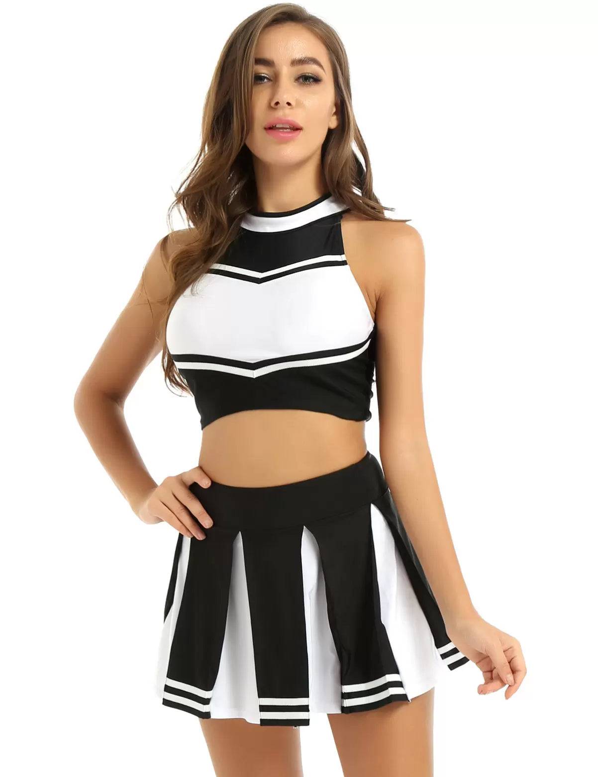 Women 2Pcs Cheerleading Costume Crop Top with Mini Pleated Skirt Set