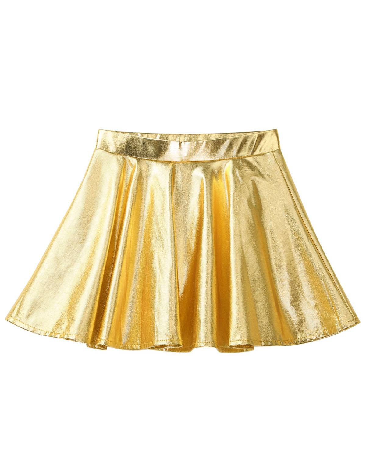 Kids Girls Glossy Metallic Pleated A-Line Skirt Jazz Dance Skirt