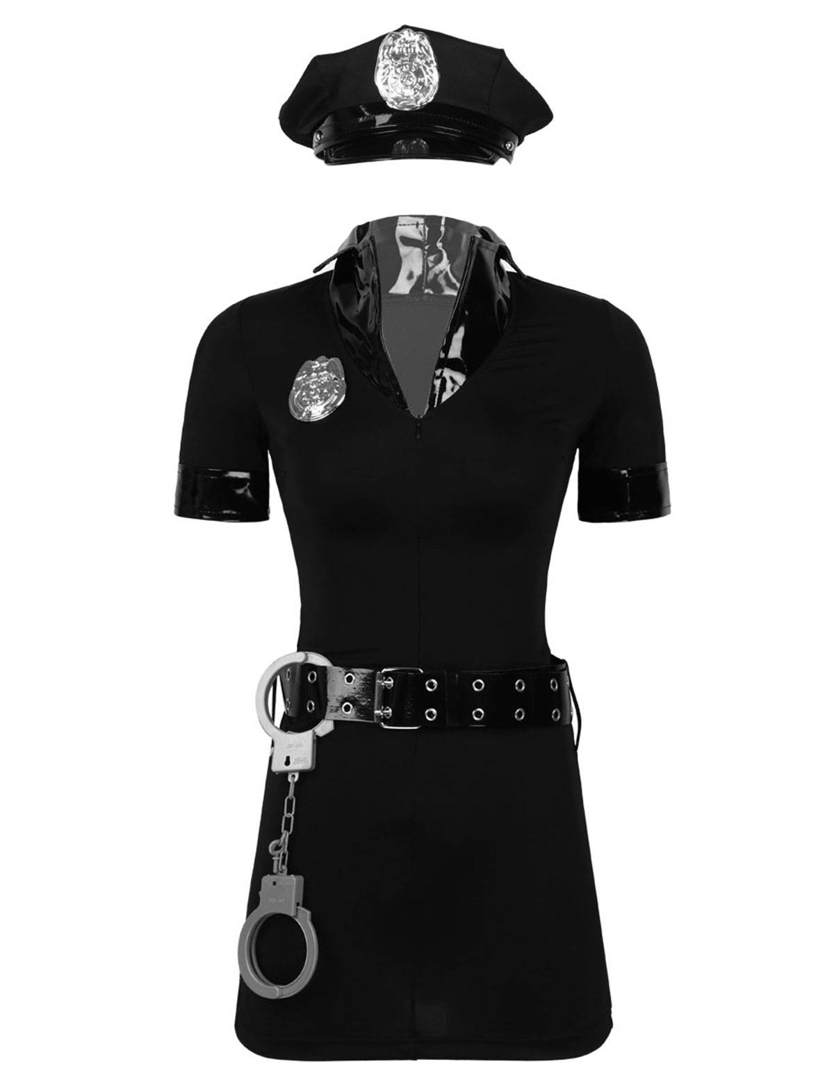 Women 5pcs V Neck Short Sleeves Bodycon Mini Dress Police Costume Set