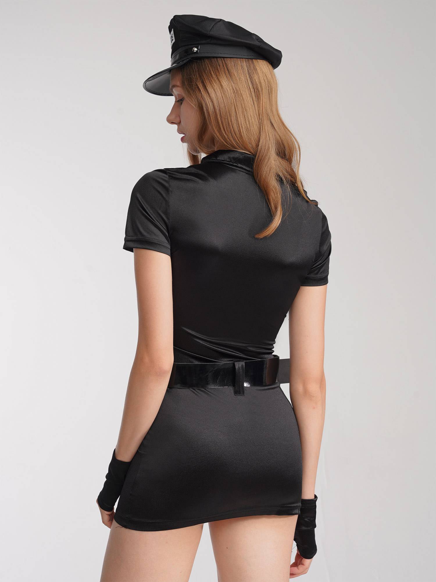 Women 6pcs Bodycon Mini Dress with Hat Badge Belt Gloves Police Costumes Set