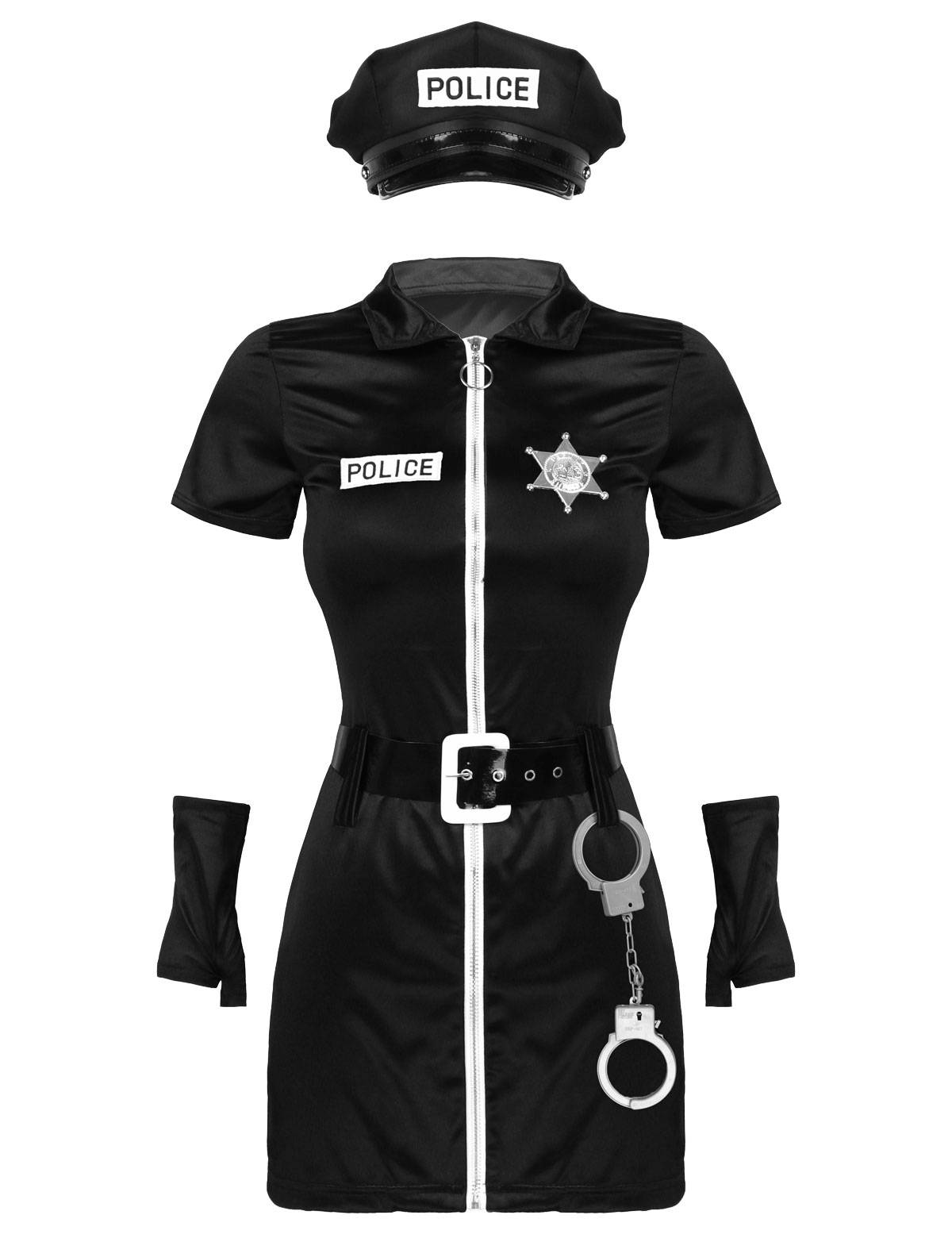 Women 6pcs Bodycon Mini Dress with Hat Badge Belt Gloves Police Costumes Set