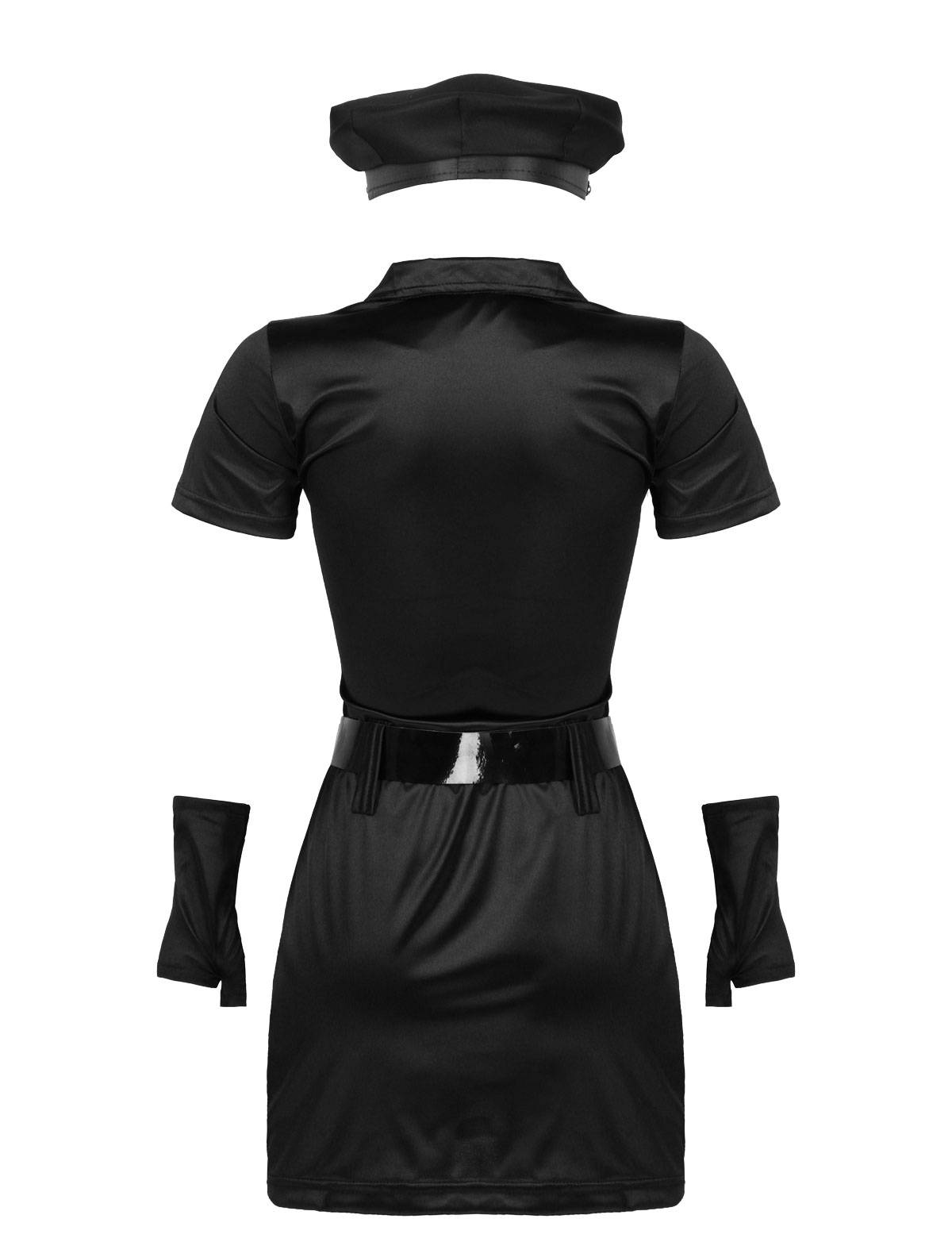 Women 6pcs Bodycon Mini Dress with Hat Badge Belt Gloves Police Costumes Set