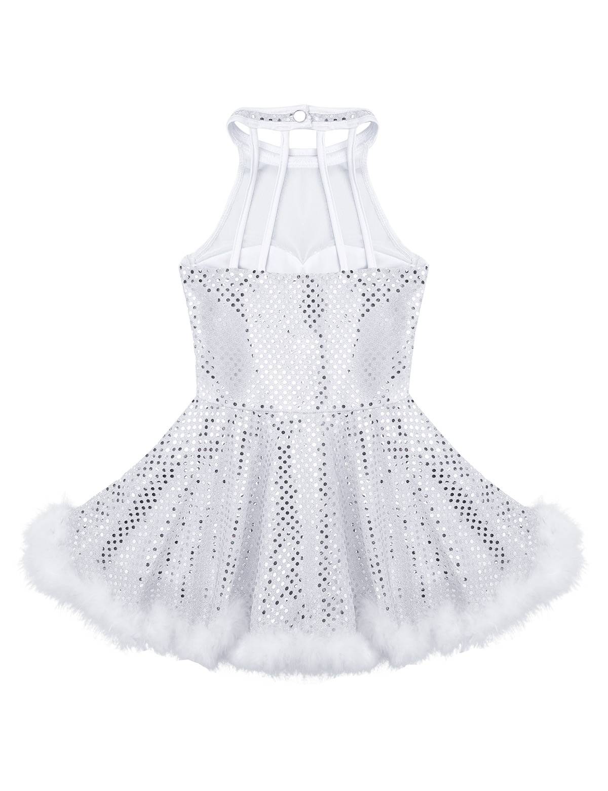 Kids Girls Christmas Sleeveless Halter Neck Sequins Snowman Costume Tutu Dress