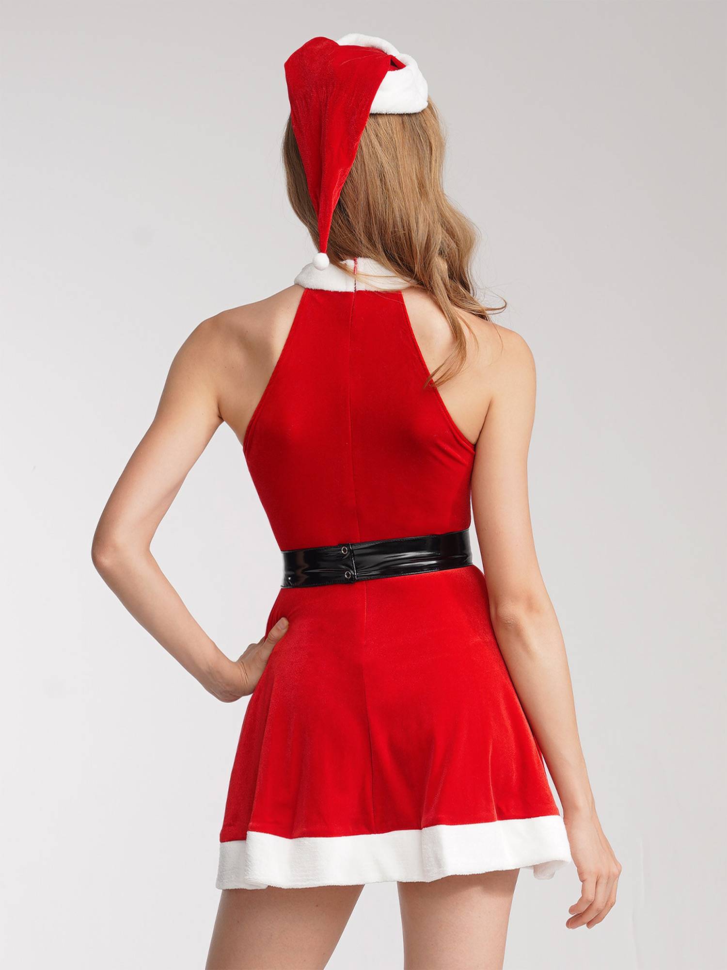 Women A-line Velvet Sleeveless Christmas Santa Dress with Hat and Belt