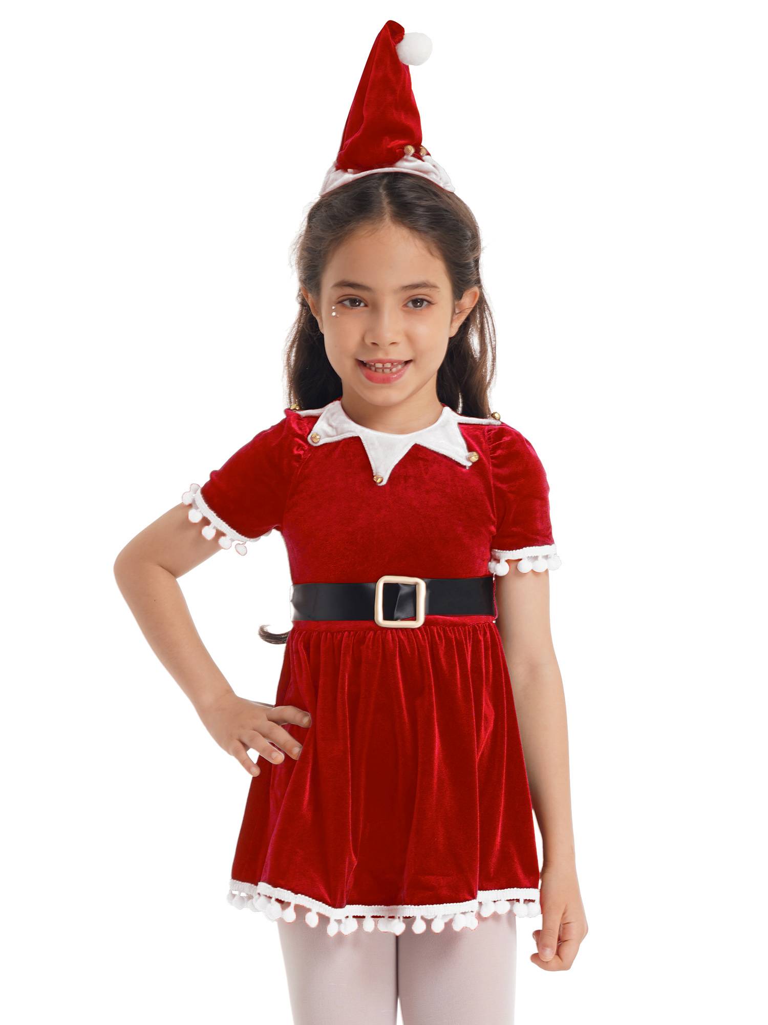 Kids Girls Christmas Short Sleeves Velvet Tassel Tutu Dress with Hat Belt
