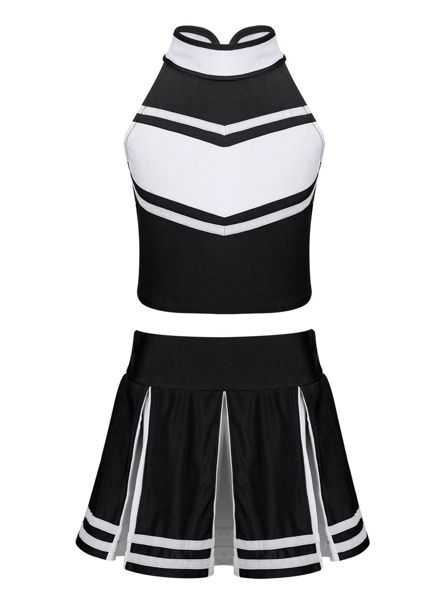 Kids Girls 2pcs Sleeveless Halter Neck Top and Pleated Skirt Cheerleading Set