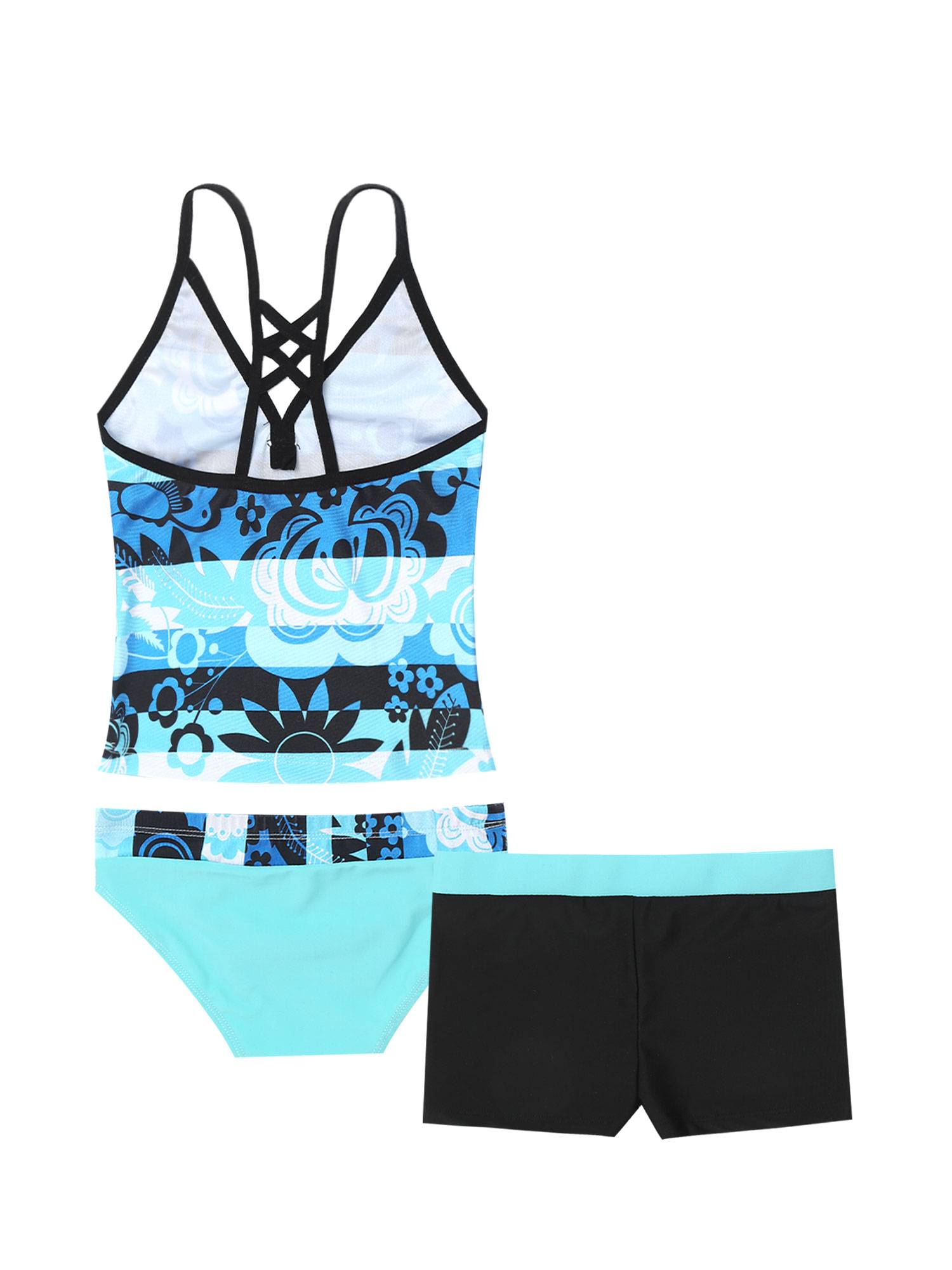 Kids Girls 3Pcs Floral Printed Tankini with Shorts Swimsuit Set