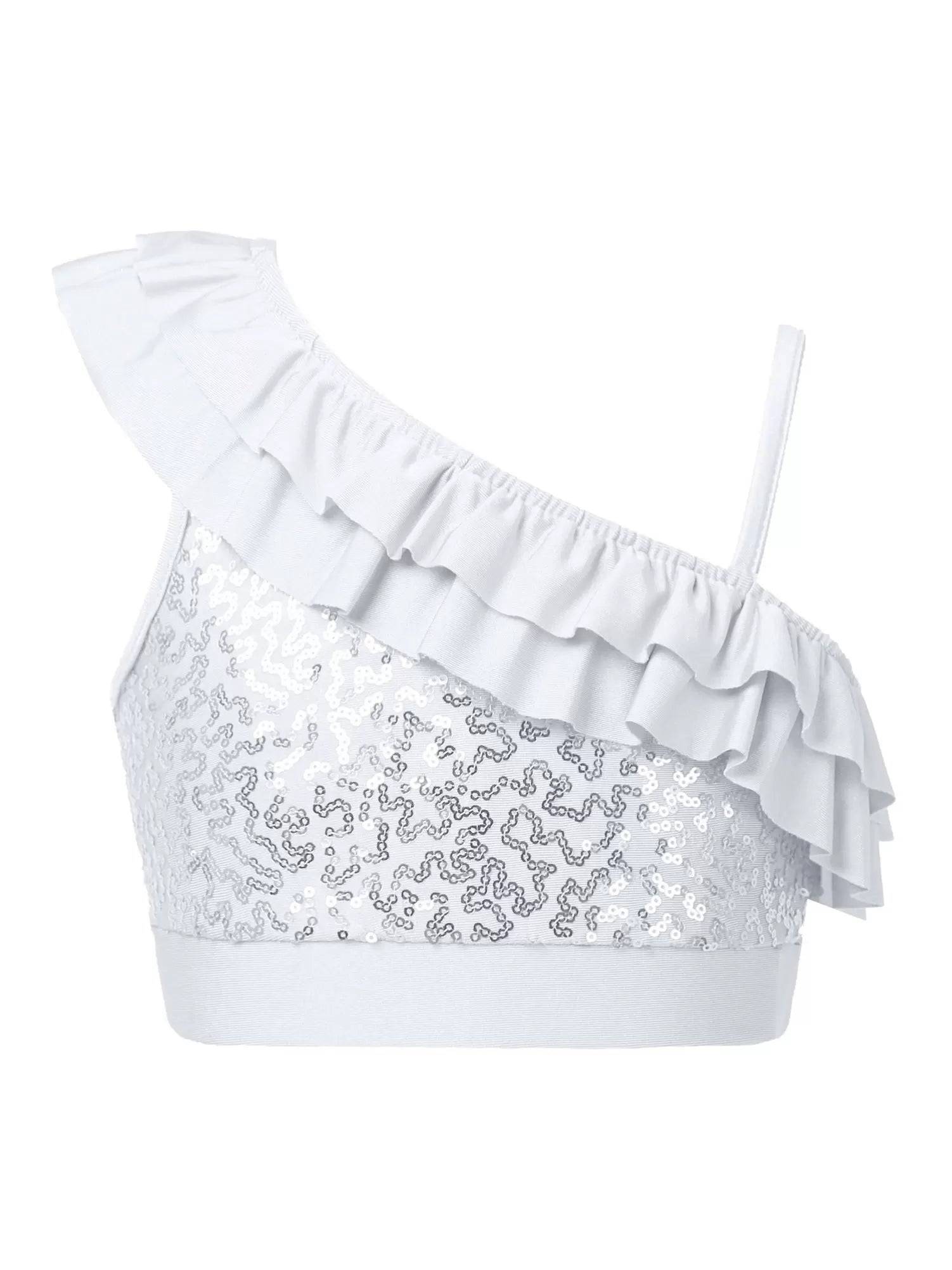 Kids Girls Sleeveless Sequin Ruffle Jazz Dance Crop Top