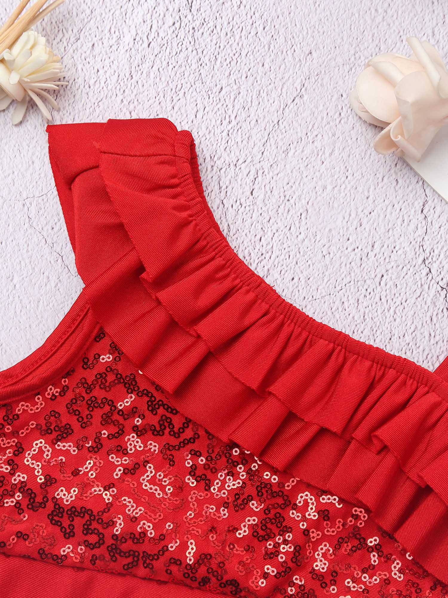 Kids Girls Sleeveless Sequin Ruffle Jazz Dance Crop Top
