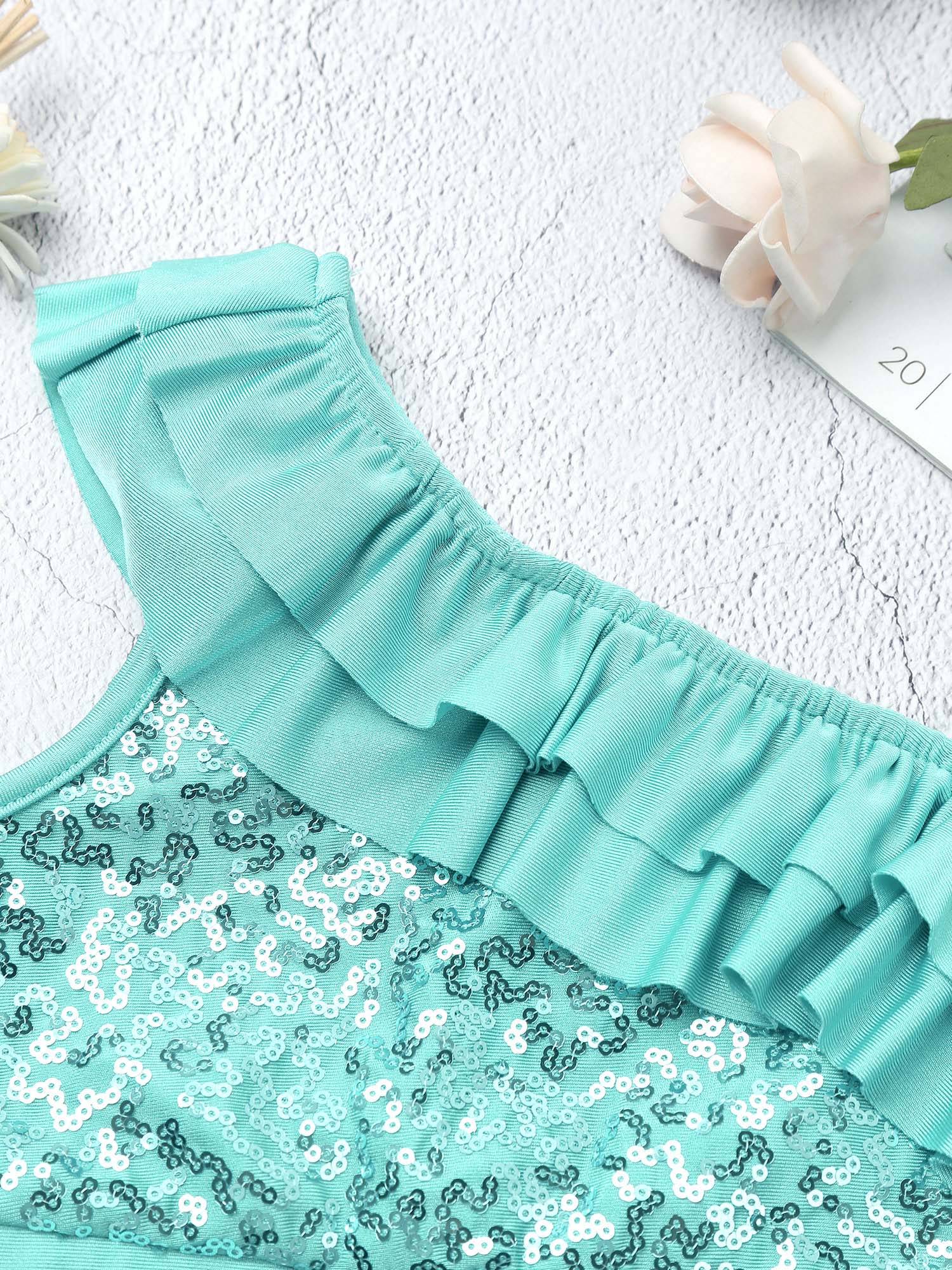 Kids Girls Sleeveless Sequin Ruffle Jazz Dance Crop Top