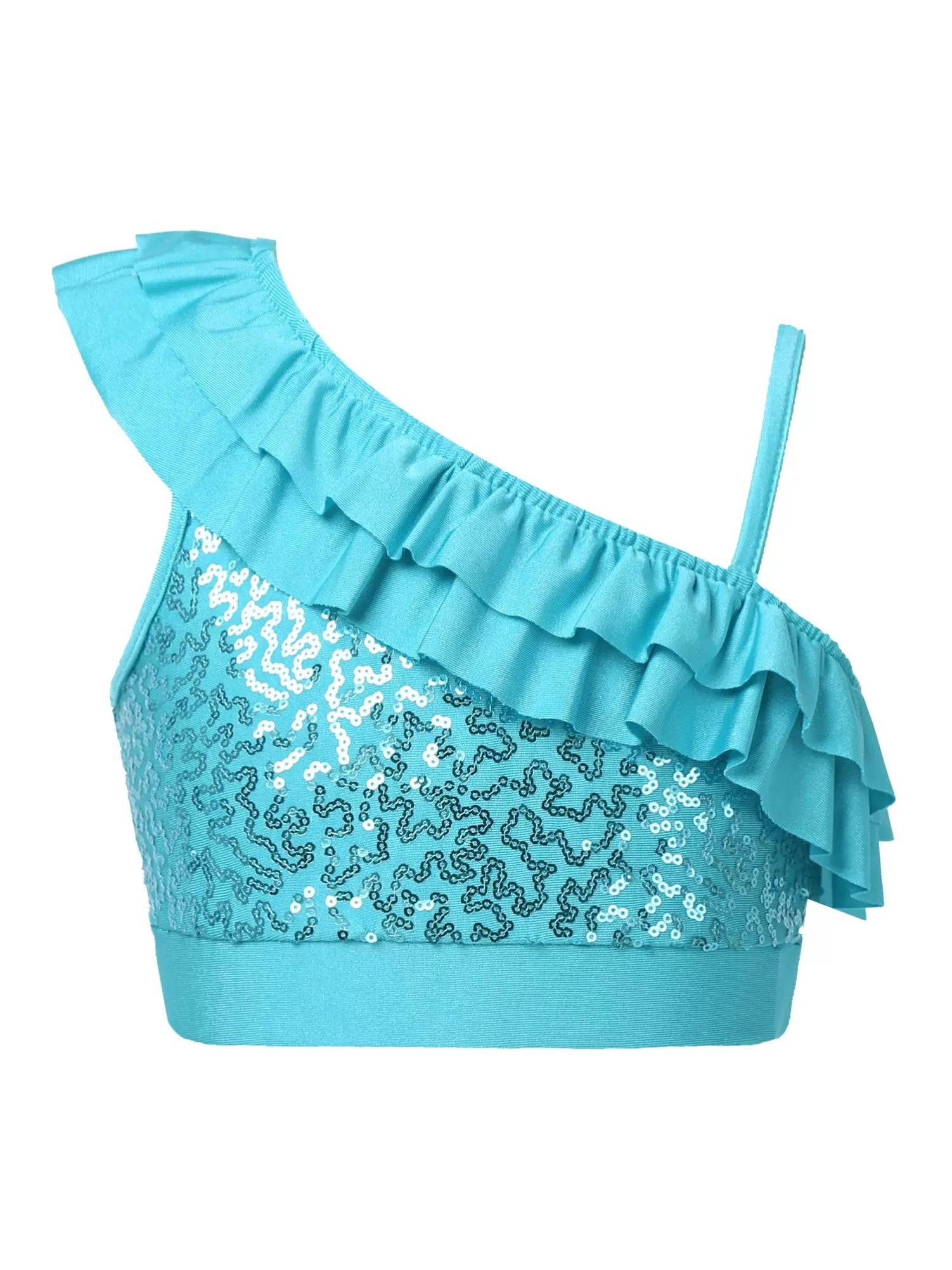 Kids Girls Sleeveless Sequin Ruffle Jazz Dance Crop Top