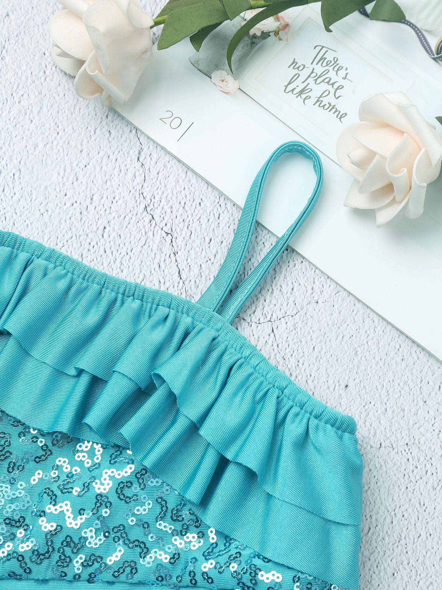 Kids Girls Sleeveless Sequin Ruffle Jazz Dance Crop Top