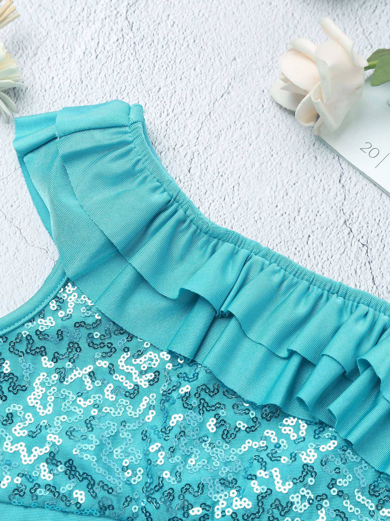 Kids Girls Sleeveless Sequin Ruffle Jazz Dance Crop Top