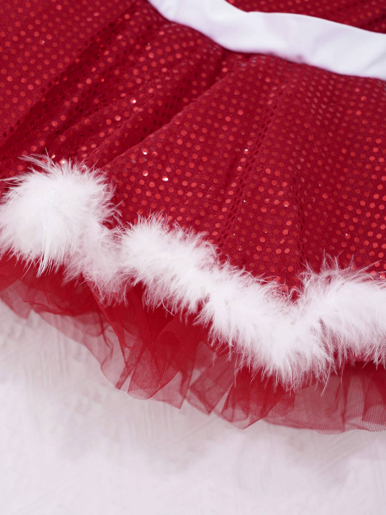 Kids Girls Christmas Sleeveless Sequins Faux Fur Adorned Ballet Tutu Dress