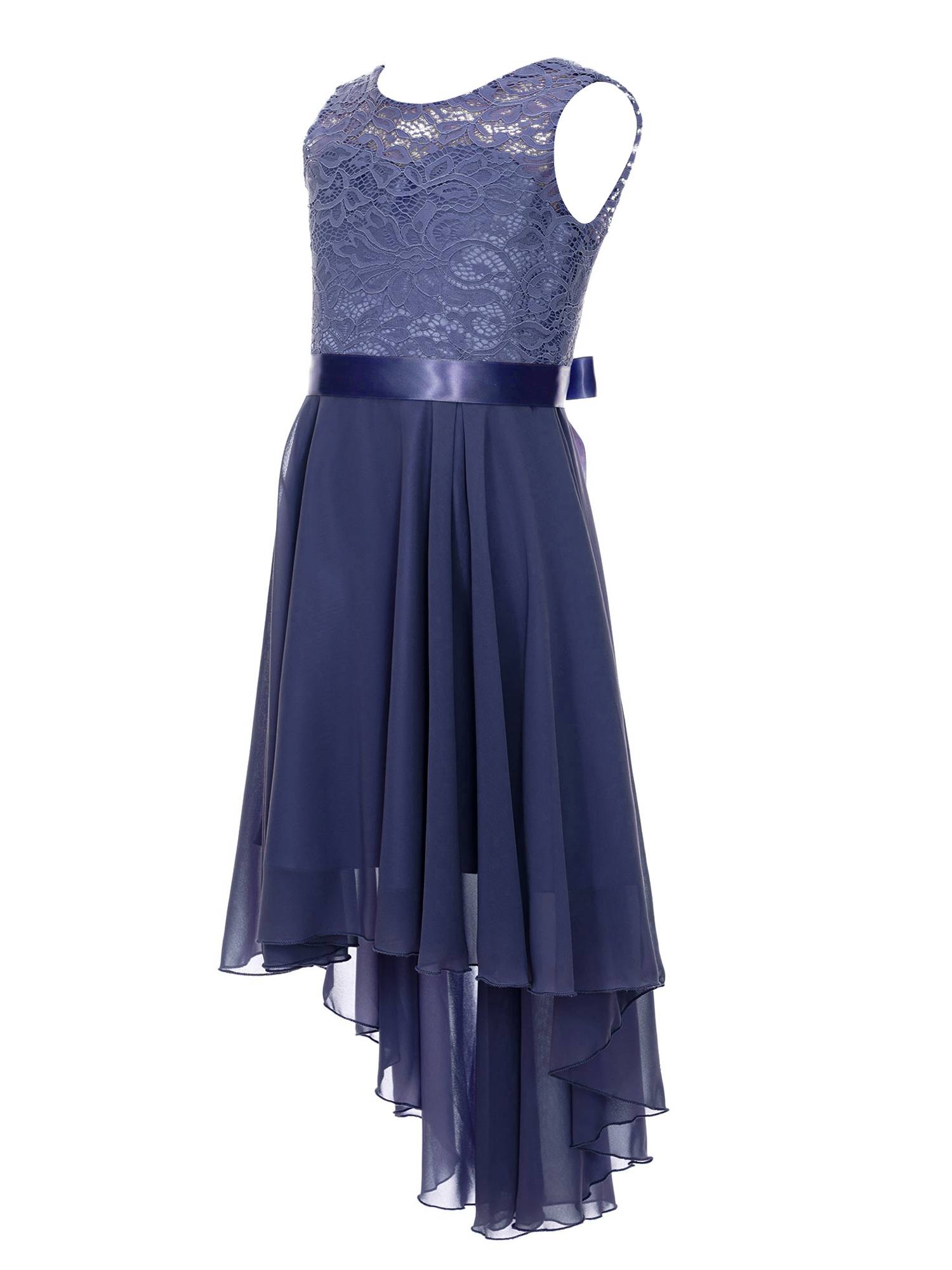 Kids Girls Sleeveless Lace Floral High-Low Chiffon Dress