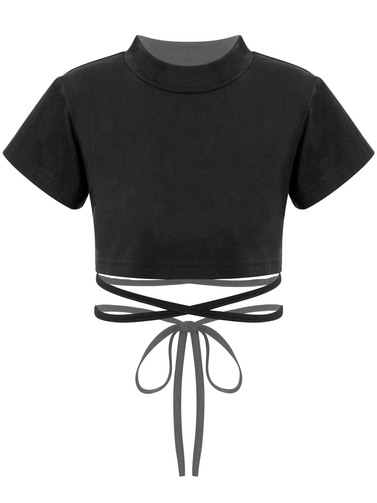 Kids Girls Round Neck Short Sleeve Cotton Sports Crop Top